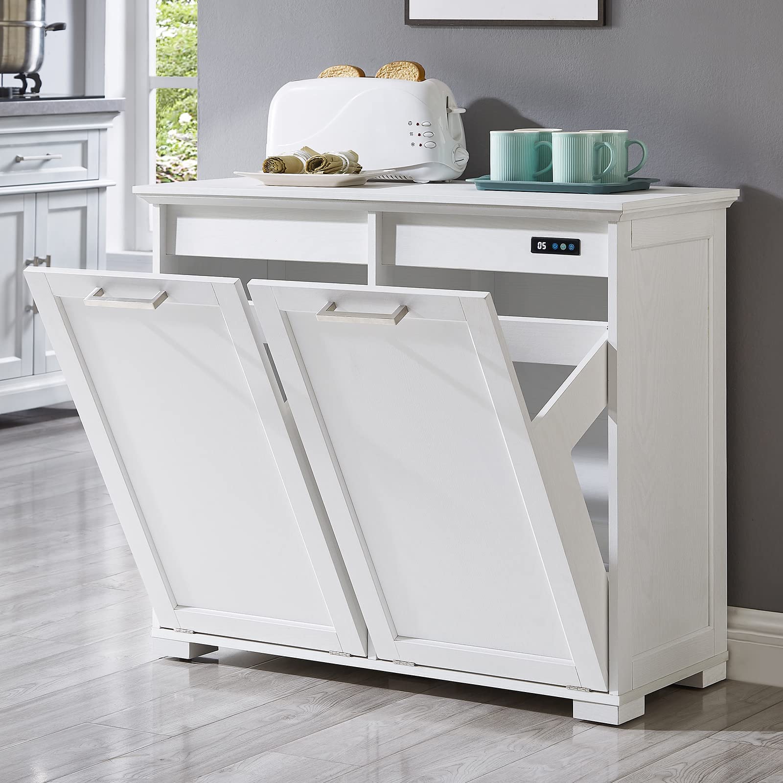 OLD CAPTAIN Double Tilt Out Trash Cabinet - White Wooden Kitchen Garbage Can with Free Standing Holder | Space-Saving Waste Bin for Pantry, Bathroom & Laundry Room Organization