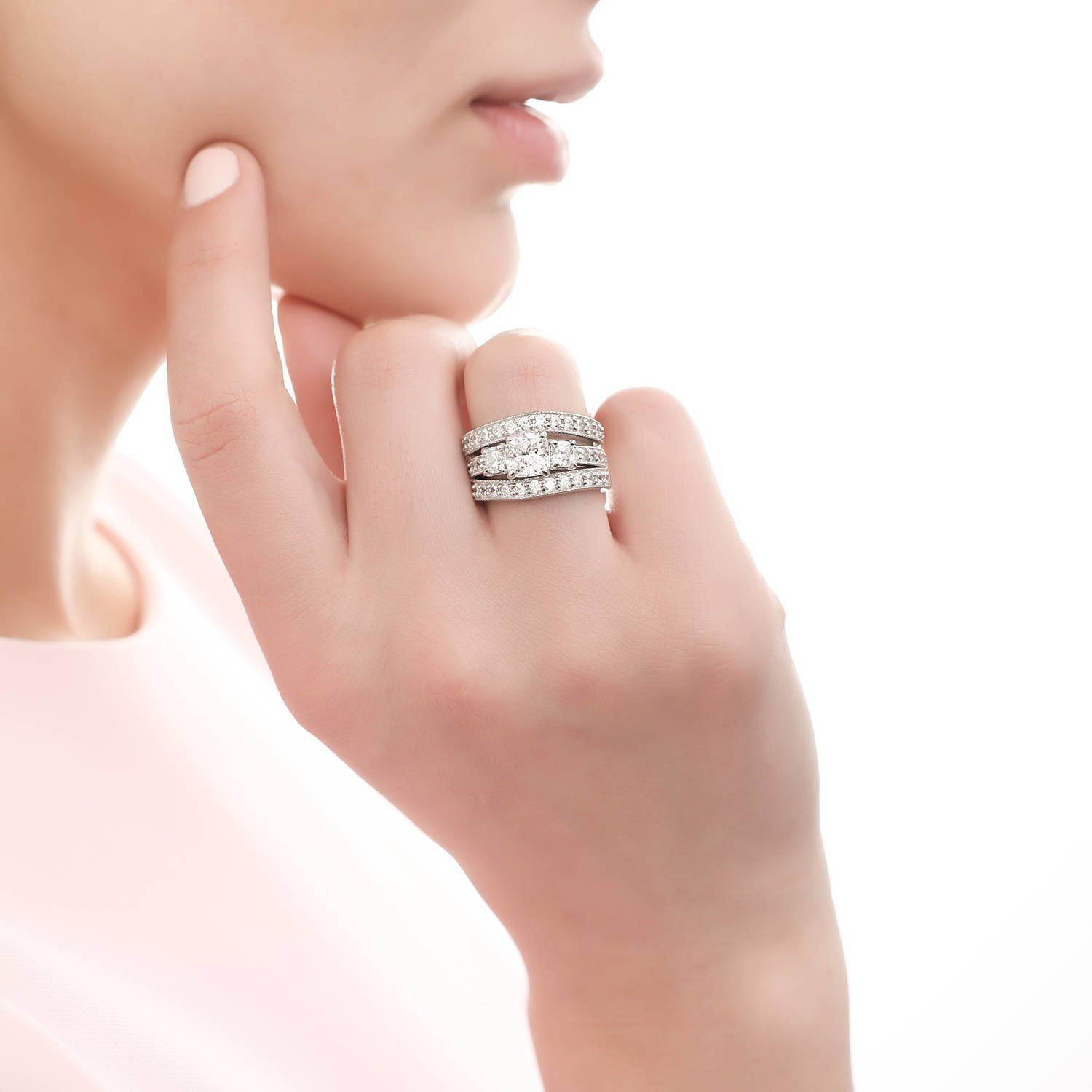 BERRICLE Sterling Silver 3-Stone Wedding Engagement Ring Set for Women - 1.5 Carat Cushion Cut Cubic Zirconia CZ, Rhodium Plated, Size 4-10 | Perfect for Proposals, Anniversaries & Bridal Jewelry