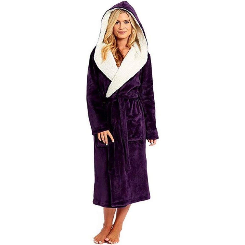Women's Winter Plush Hooded Bathrobe - Soft Long Shawl Robe with Pockets, Warm Fleece Dressing Gown for Spa, Lounge & Home Relaxation (Size C, M)