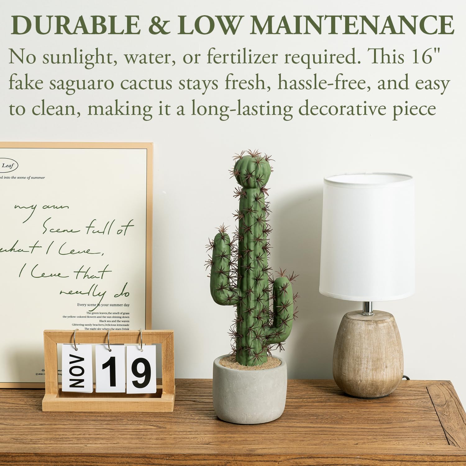 16 Inch Artificial Saguaro Cactus in Cement Planter Pot - Fake Indoor Plant for Home Office Decor, Southwest Style Housewarming Gift for Desert Themed Living Room & Patio Decorations