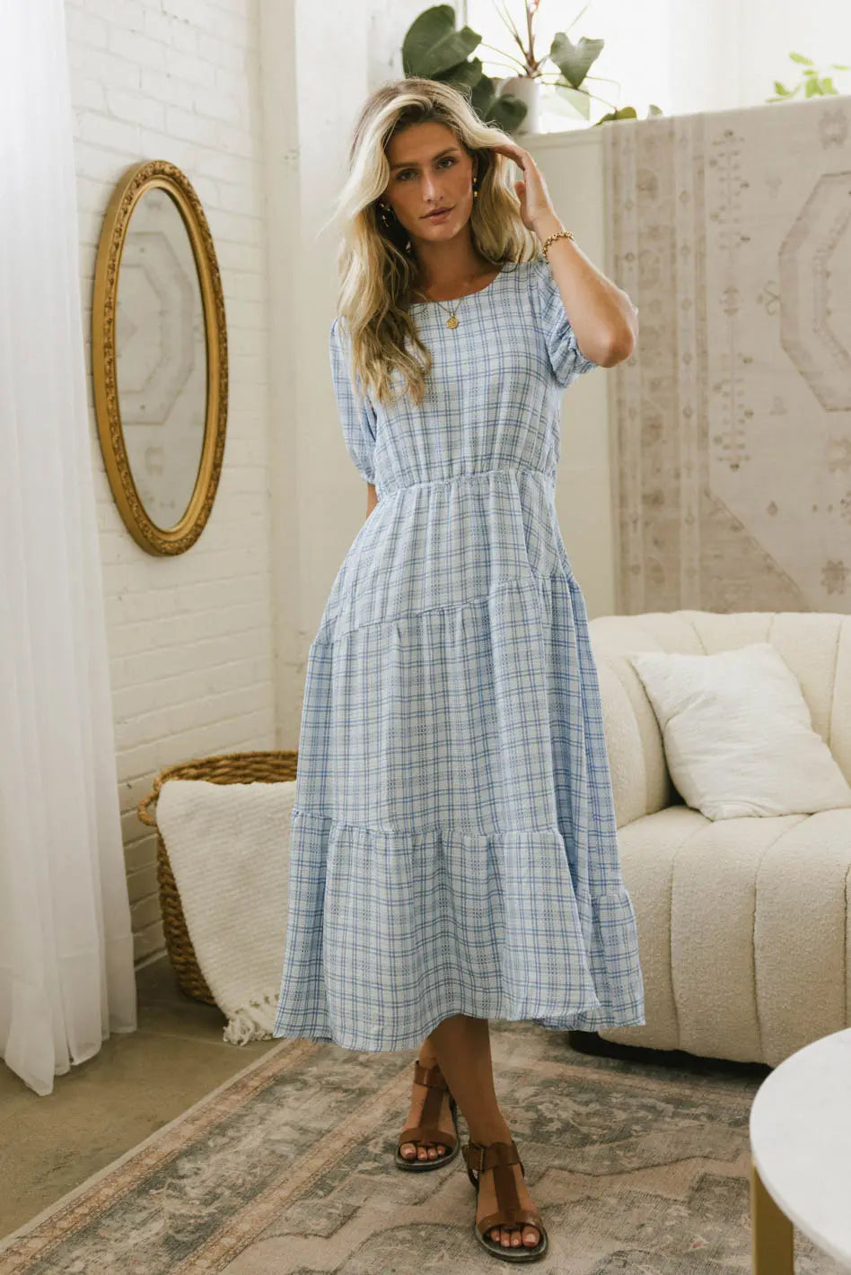 Melina Blue Plaid Midi Dress for Women | Elegant Floral Print A-Line Skirt | Perfect for Office, Party & Date Night Outfits