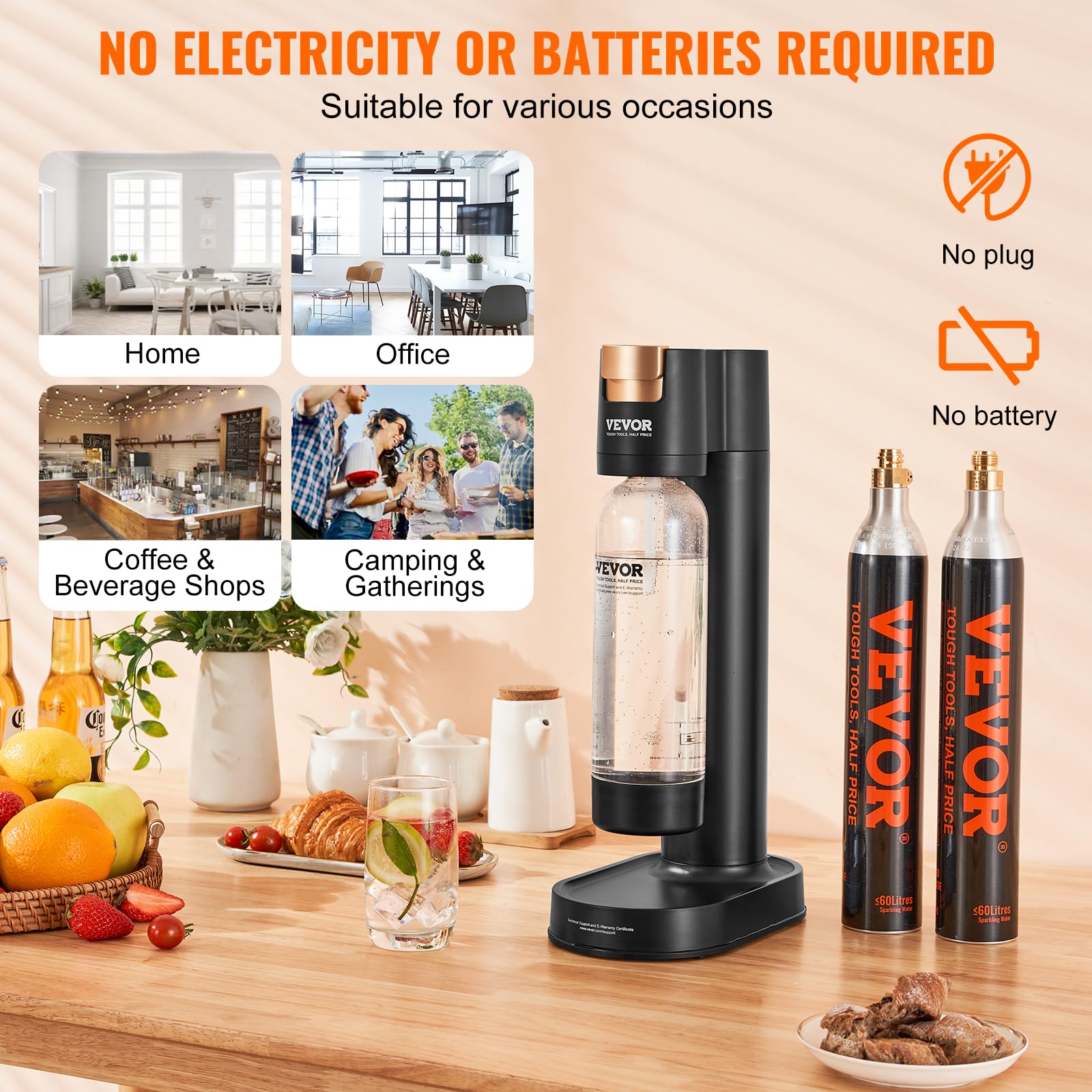 VEVOR Sparkling Water Maker - Home Soda Machine with BPA-Free 1L PET Bottle & 2 CO2 Cylinders (60L Compatible) | DIY Carbonated Drinks for Kitchen, Office & Parties | No CO2 Gas Included