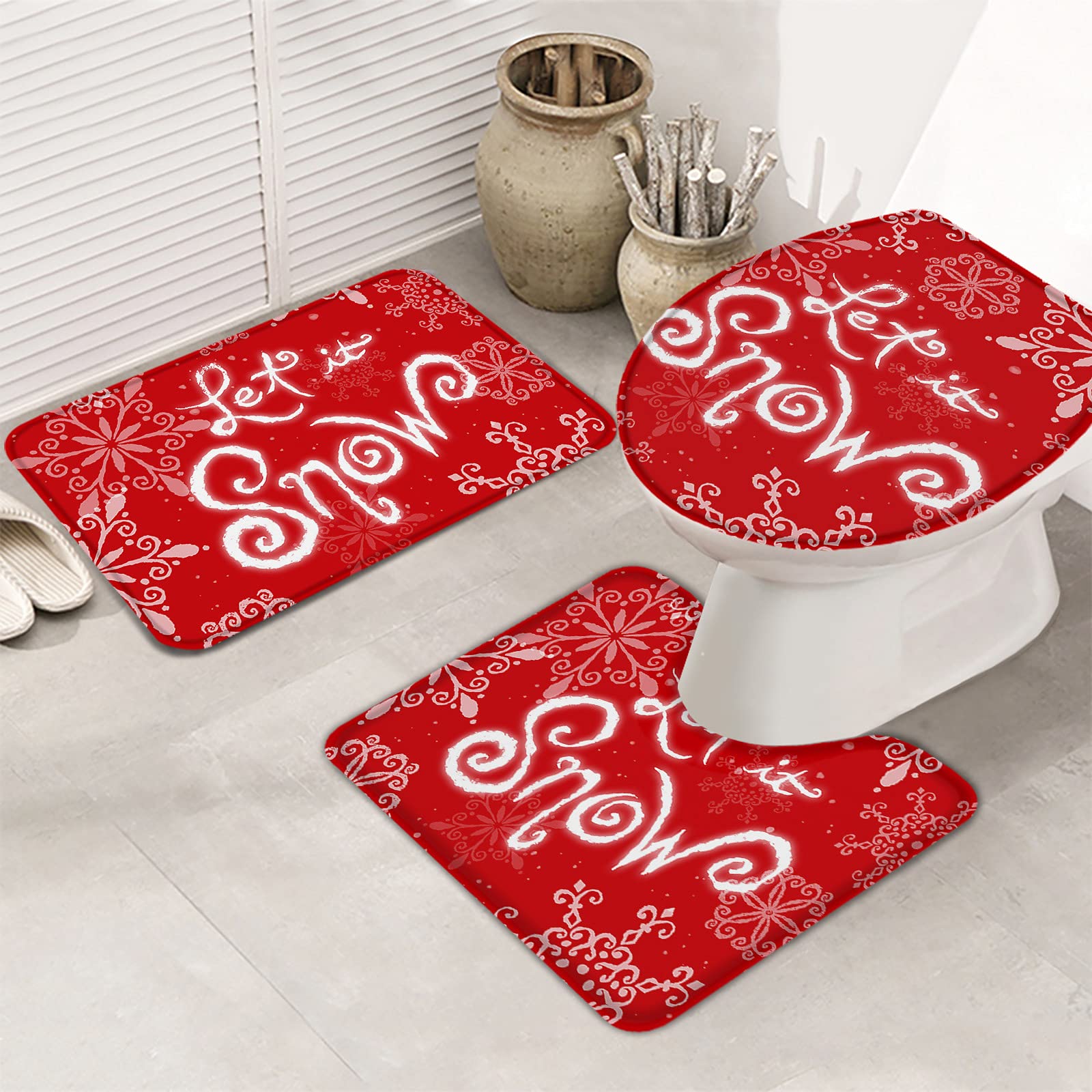3-Piece Non-Slip Bathroom Rug Set - Snowflake Texture Absorbent Shower Mats with Contour Mat & Toilet Cover, Soft Christmas Red Bath Mat for Holiday Decor & Cozy Bathroom Safety