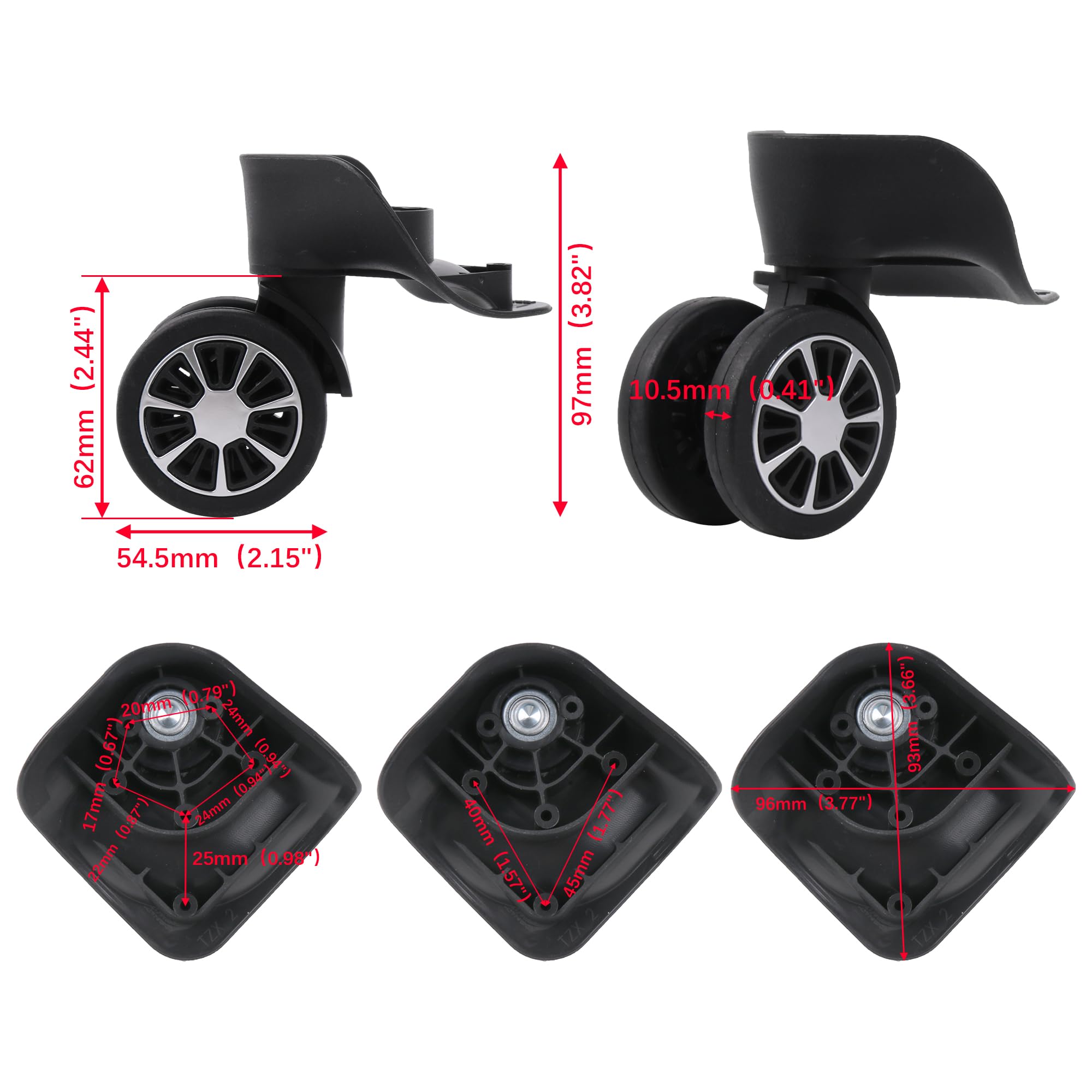 BQLZR 360 Degree Spinner Luggage Wheels - 3.82 Inches Replacement Suitcase Wheels for Travel (2-Pack, Black) - Perfect for Carry-Ons, Checked Bags & Rolling Suitcases