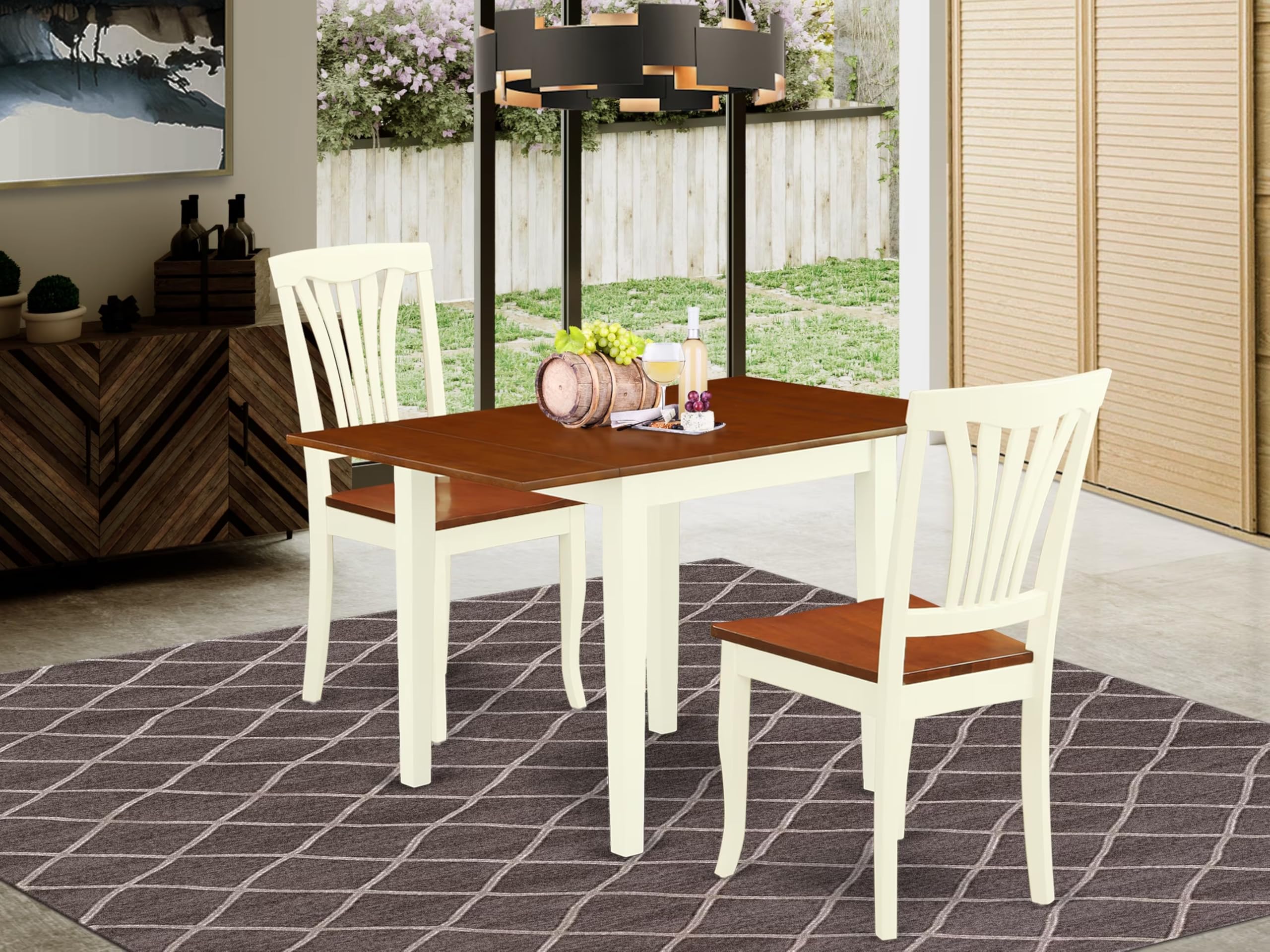 East West Furniture NDAV3-WHI-W 3-Piece Small Space Dinette Set with Drop-Leaf Rectangle Dining Table & 2 Chairs, 30x48 Inch, Buttermilk & Cherry - Perfect for Apartments, Breakfast Nooks & Cozy Dining Areas