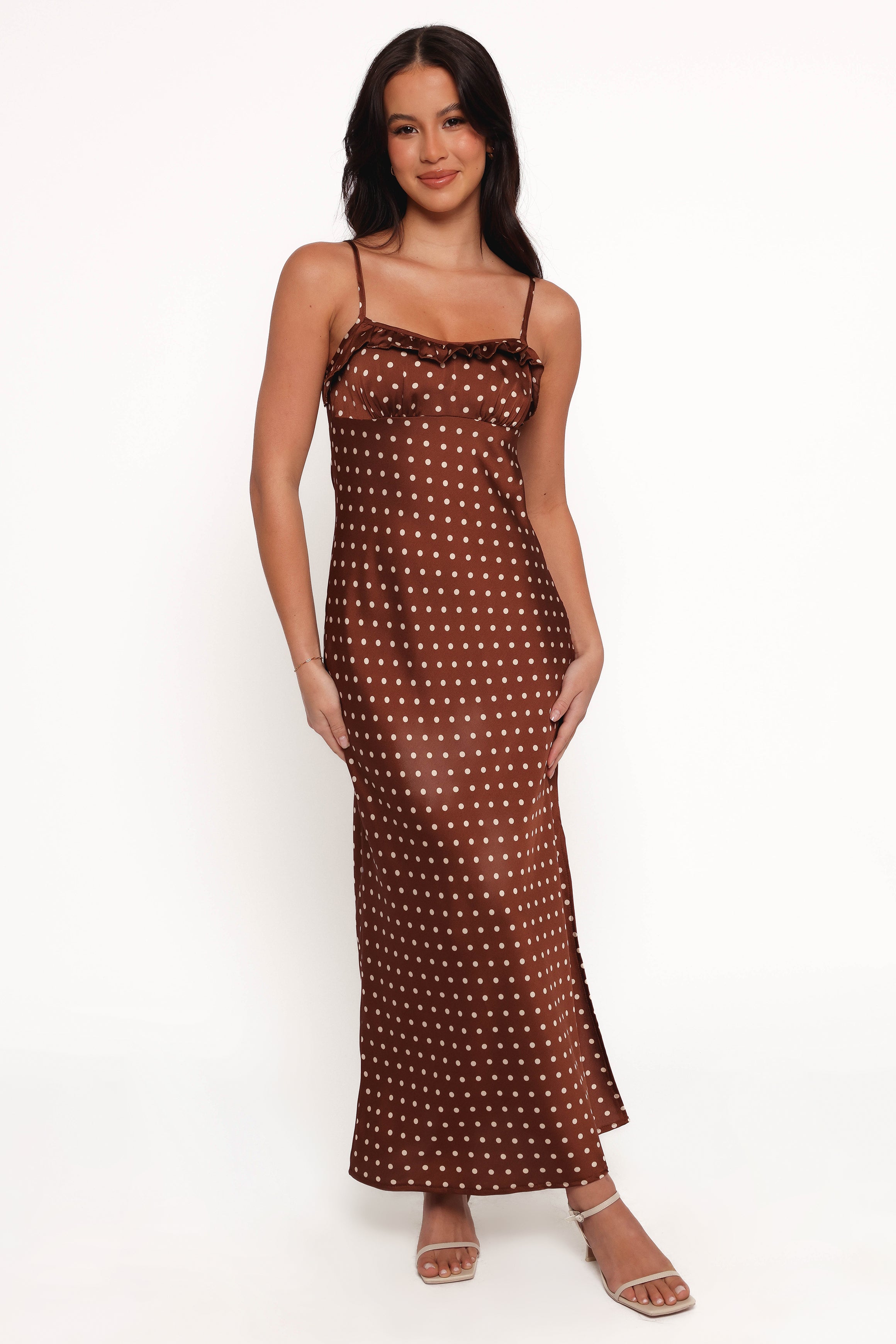 Dara Midi Dress - Brown Polka Dot Floral Summer Dress for Women | Casual & Party Wear | Perfect for Beach, Vacation & Date Nights