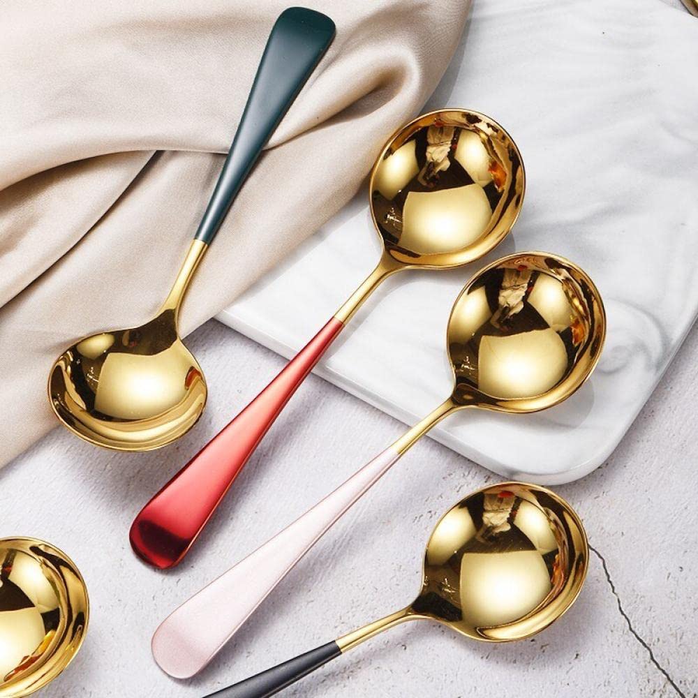 Leeonz 5-Pack Round Colorful Handle 304 Stainless Steel Soup Spoons - Elegant Dinner Spoons for Rice, Dessert & Coffee, Durable Kitchen & Tableware for Home, Restaurant & Cafe Use