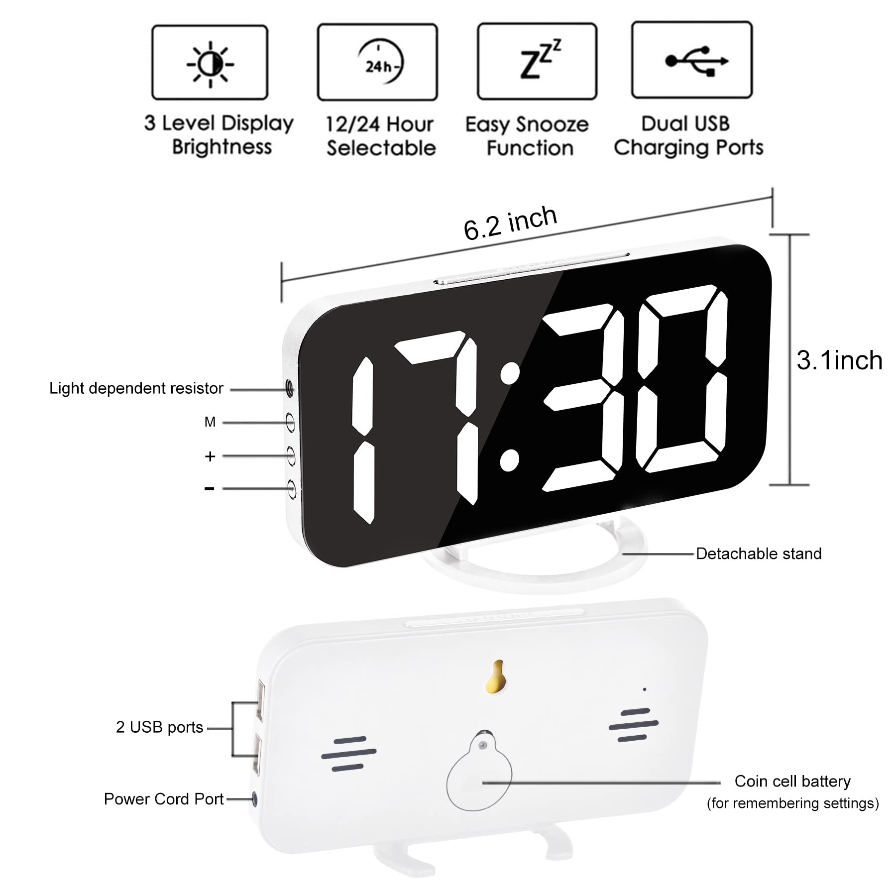 Ygdigital 6.5 Inch Large LED Digital Alarm Clock with Mirror Display, Snooze Function, 12/24H Time Format, Dual USB Charging Ports, 3 Adjustable Brightness - Perfect for Bedroom, Home Office & Travel (White)