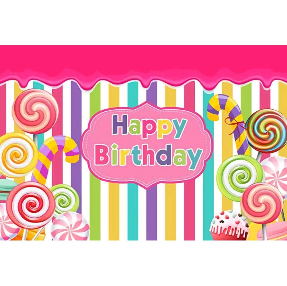 5x4ft Happy Birthday Photography Backdrop - Cartoon Candy Theme for Kids Birthday Party, Sweet Lollipop & Colorful Stripes Background - Perfect for Cake Table Decor, Photo Studio Props & Birthday Celebrations