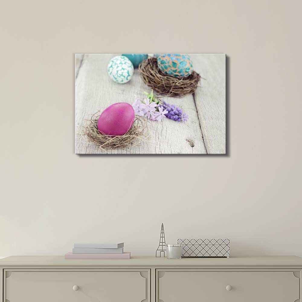 Easter Egg Canvas Print - Spring Nest with Flowers Wall Art | Modern Home Decor Stretched Gallery Wrap Giclee Ready to Hang - 32x48 inches - Perfect for Living Room, Bedroom & Office Decor