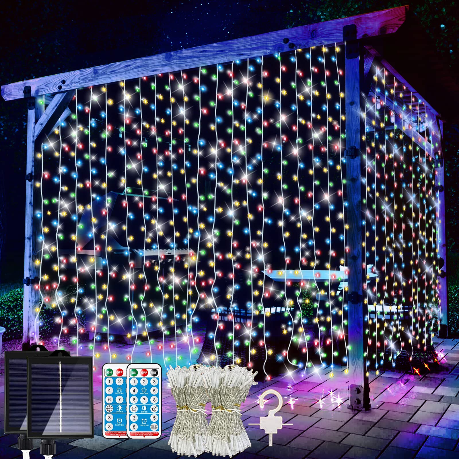 2 Pack Solar Curtain Lights with Remote Control - 300 LED Waterproof Outdoor String Lights, 8 Lighting Modes for Garden, Patio, Wedding & Party Decorations | Solar Powered Fairy Lights for Backyard, Balcony & Landscape Lighting (Multicolor)