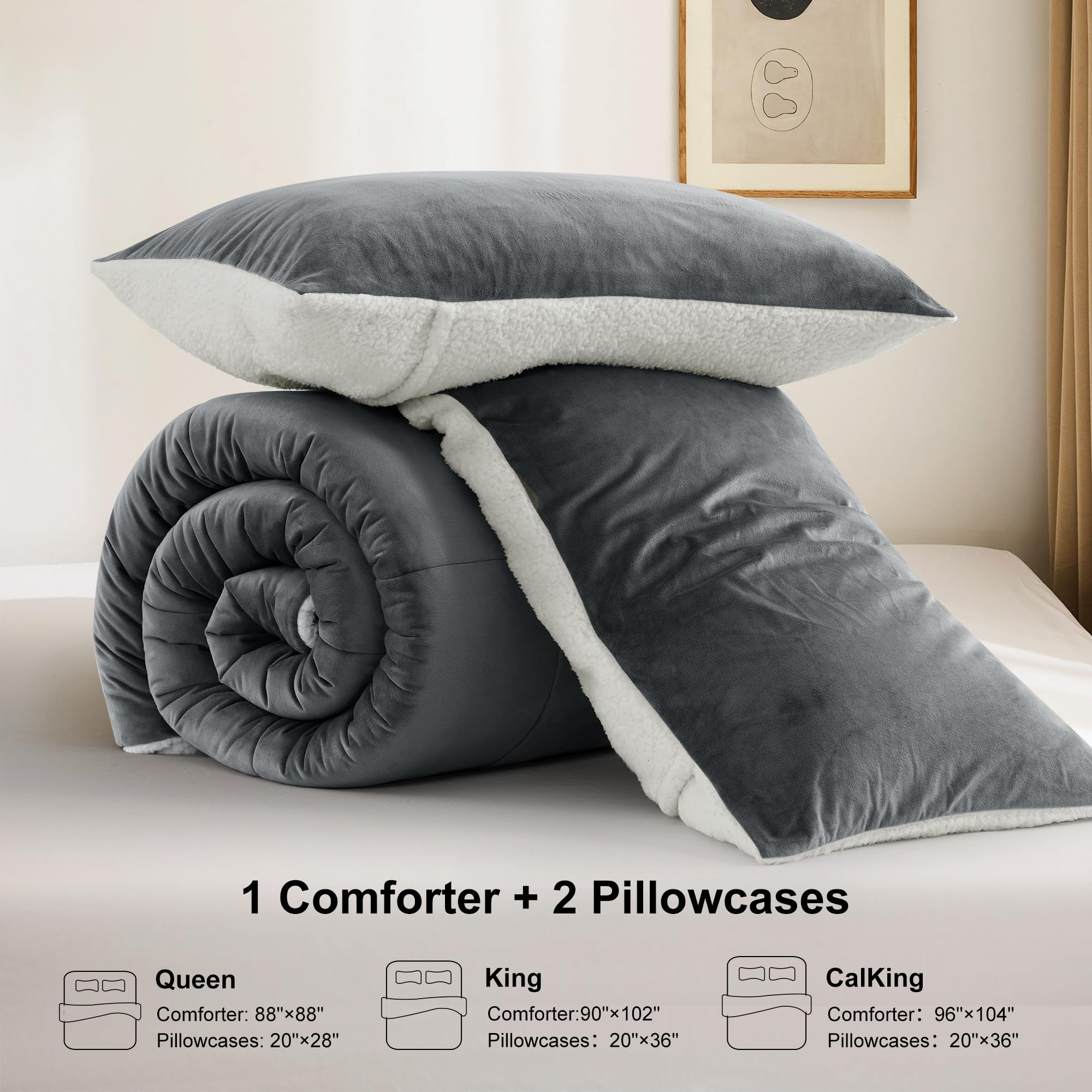 BEDHOURS Queen Comforter Set - Ultra Soft Micromink & Sherpa Reversible 3-Piece Bedding | Down Alternative Plush Comforter + 2 Pillowcases | Winter Warmth & Cozy Comfort (Charcoal Grey) for Bedroom, Guest Room & Dorm
