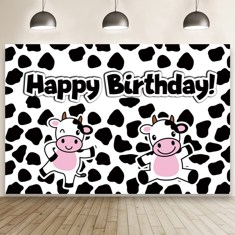 12x8ft Happy Birthday Backdrop - Cute Cartoon Cow Pattern for Kids Birthday Party Decorations | Photography Background for Cake Table, Portrait & Video Shooting | Perfect for Boys & Girls Birthday Celebrations, Studio Props