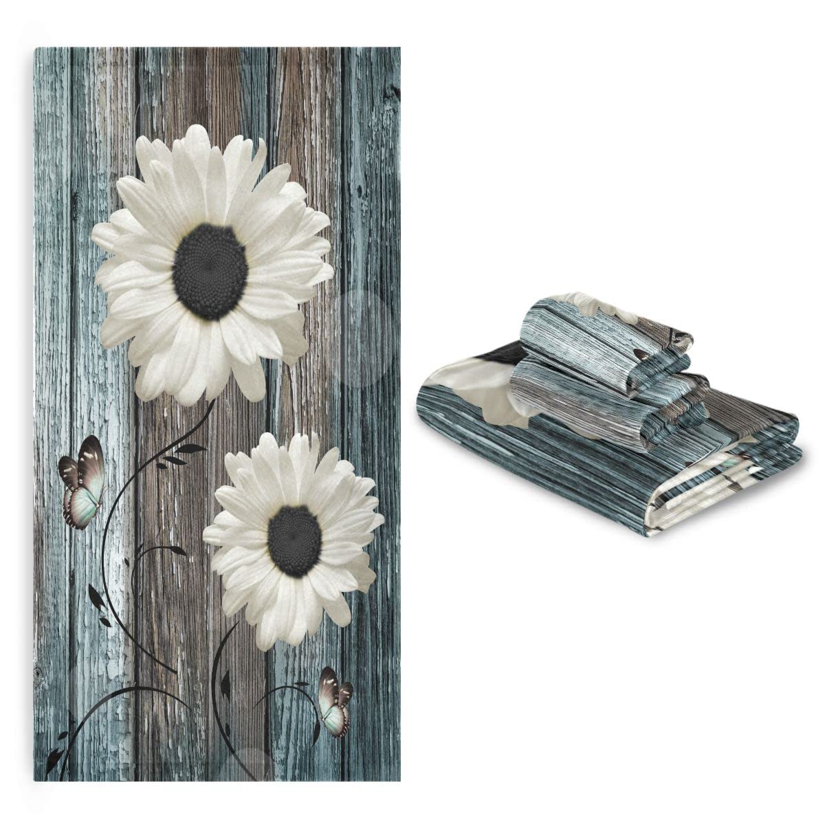 Farmhouse Bath Towels Set - 3 Piece Floral Rustic Daisy Design (1 Bath Towel, 1 Hand Towel, 1 Washcloth) - Soft, Absorbent Cotton for Bathroom & Kitchen - Teal Blue & White Wooden Plank Style - Perfect for Farmhouse Decor, Guest Bathrooms & Cozy Home Use