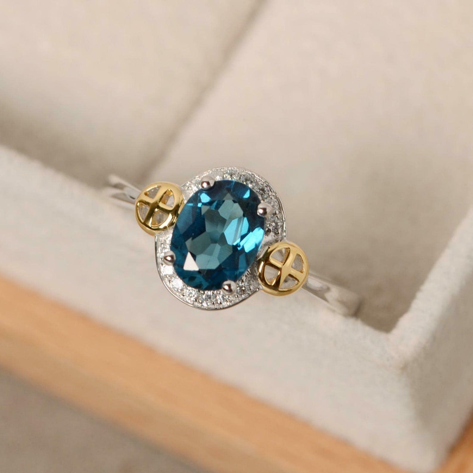 1.4ct Oval Cut London Blue Topaz Celtic Cross Halo Ring - BeBold White Gold Plated Jewelry for Women, Wedding, Anniversary & Gift Occasions