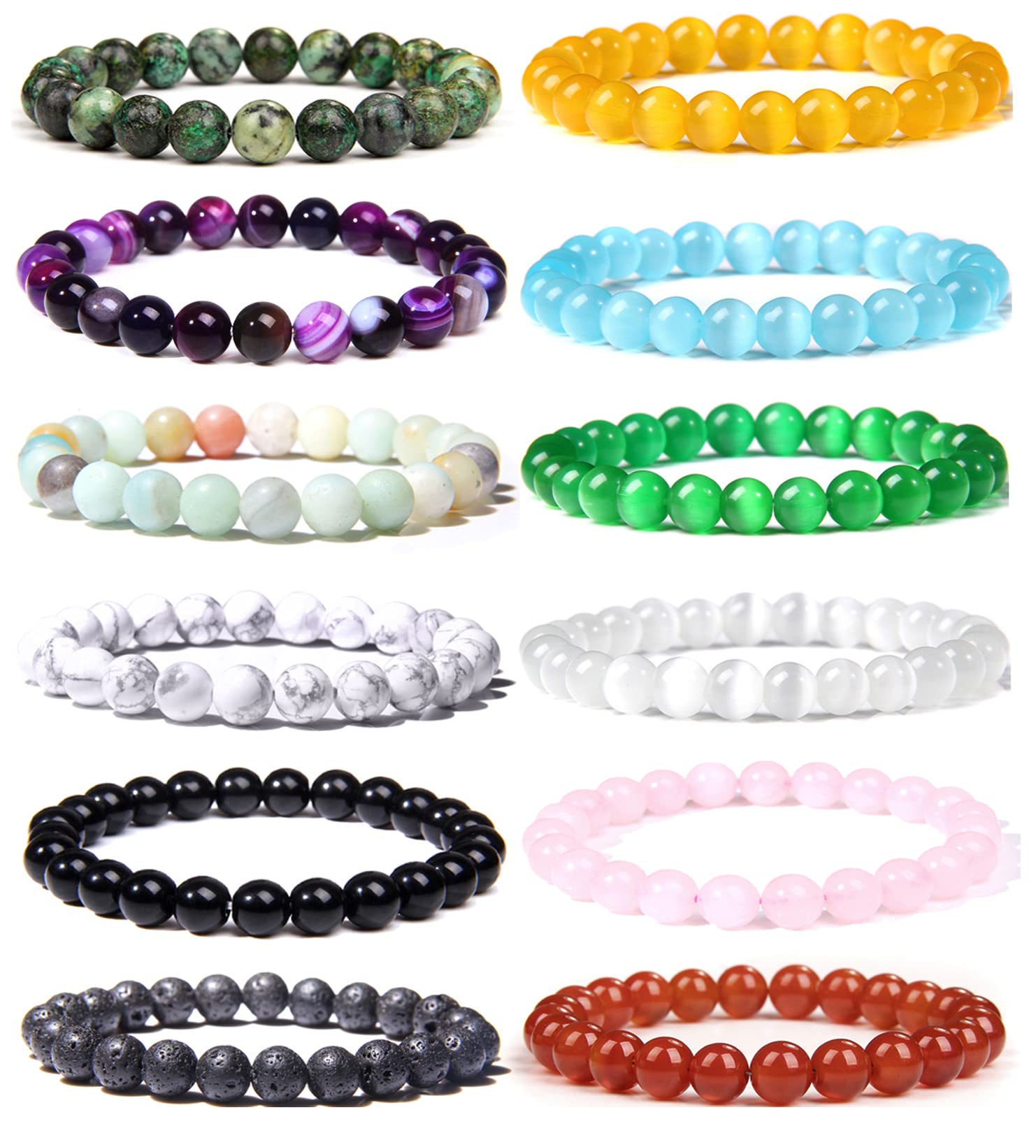 SAMOCO 12Pcs Healing Stone Beaded Bracelets for Women & Men - Natural Semi-Precious Gemstone Crystal Stretch Bracelet Set (8mm) - Adjustable Unisex Yoga Meditation Jewelry Gift for Spiritual Healing & Positive Energy