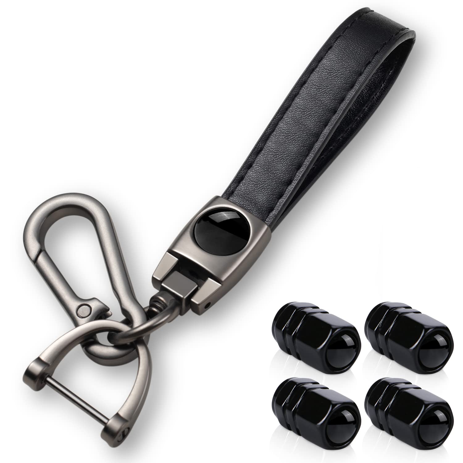 Premium Black Metal Car Wheel Tire Valve Stem Caps with Genuine Leather Keychain - Durable Auto Valve Stem Cover Accessories for Car, Truck & SUV - Enhance Vehicle Appearance & Prevent Dust (Set of 4)