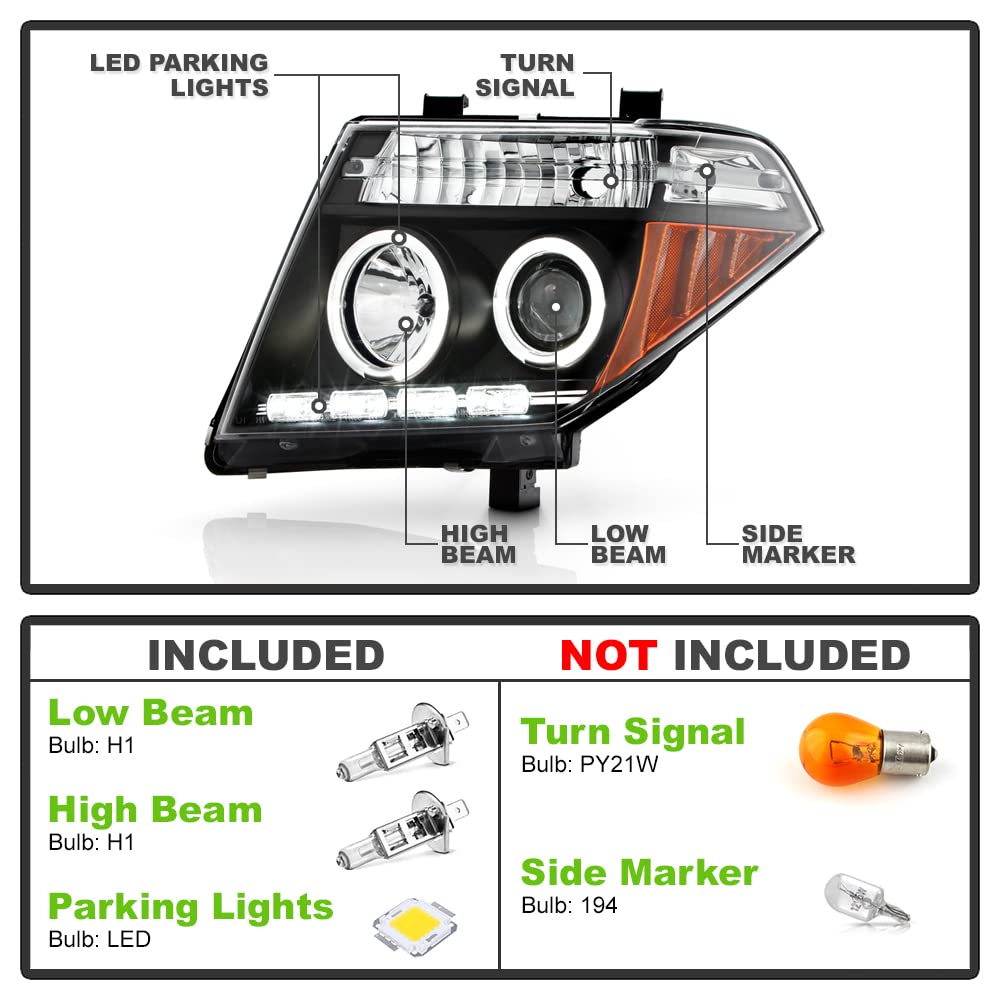 ACANII LED Halo Projector Headlights for 2005-2008 Nissan Frontier & 2005-2007 Pathfinder - Black Housing Headlamps Pair (Left+Right) | Improved Night Visibility & Stylish Upgrade