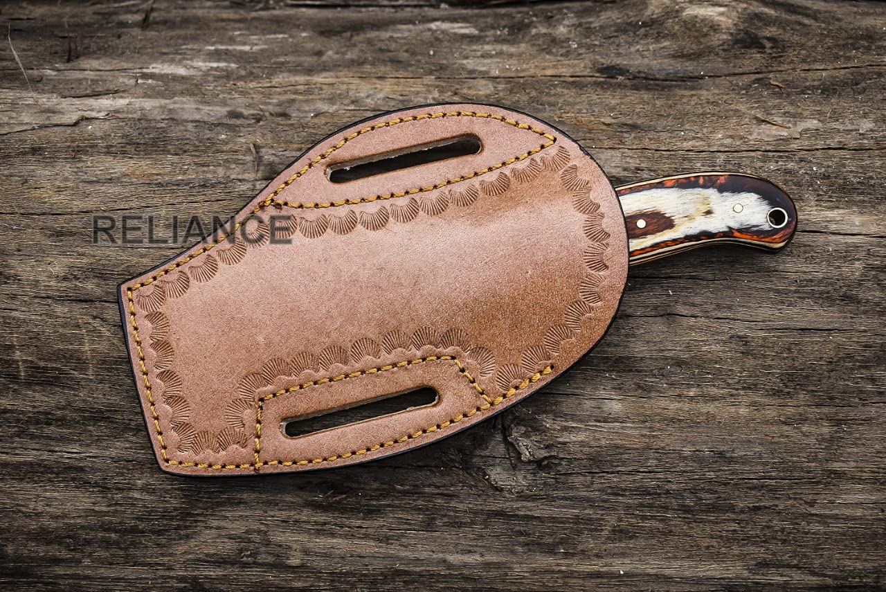 Premium Wanowa Cowboy Bull Cutter Knife - Hand Forged Damascus Steel EDC Pocket Knife with Leather Sheath - Perfect for Hunting, Camping & Outdoor Adventures