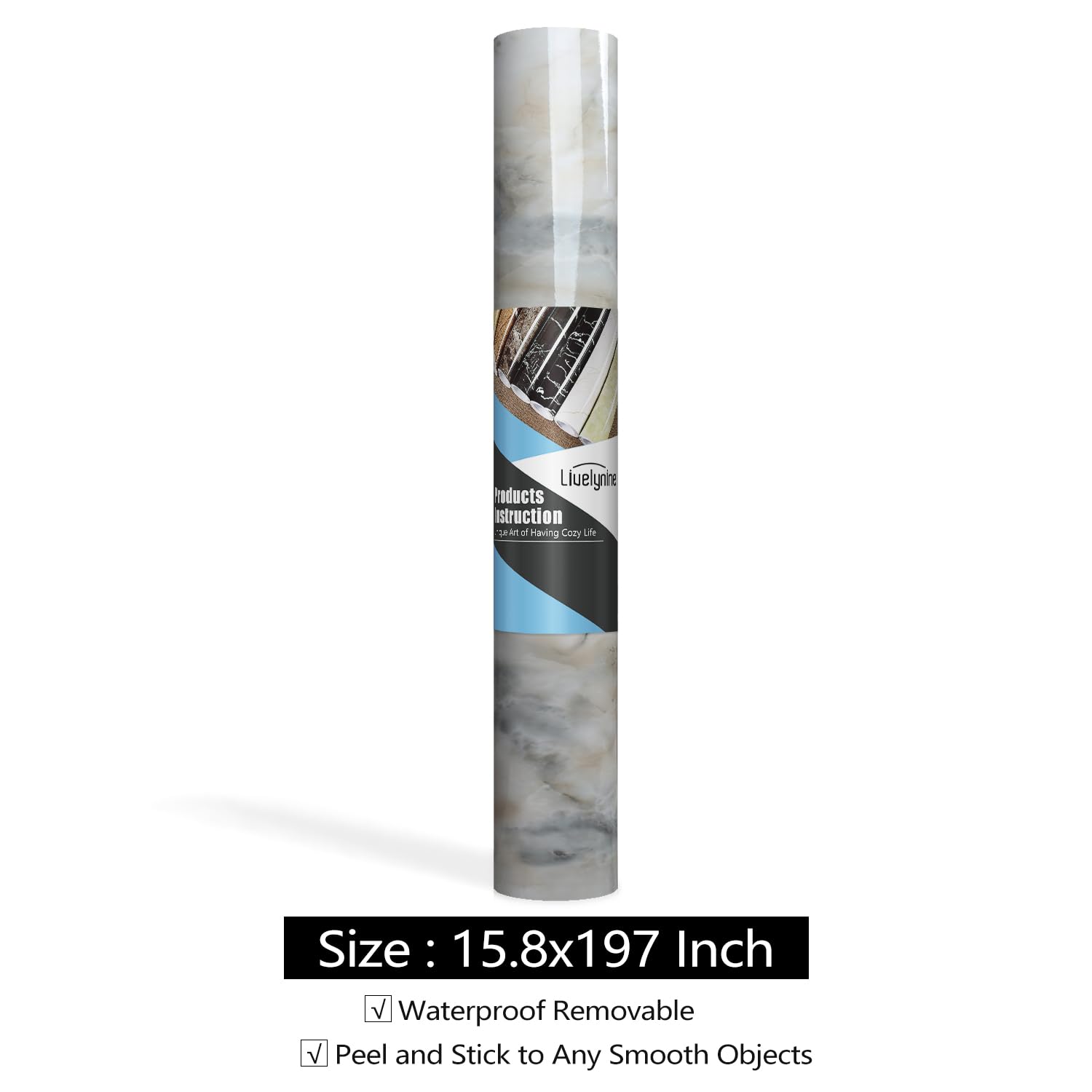 Livelynine 15.8x197 Inch Light Blue Marble Peel and Stick Wallpaper - Waterproof Self-Adhesive Contact Paper for Countertops, Desks & Bathroom - White Navy Marble Vinyl Wrap for Home & Office Decor
