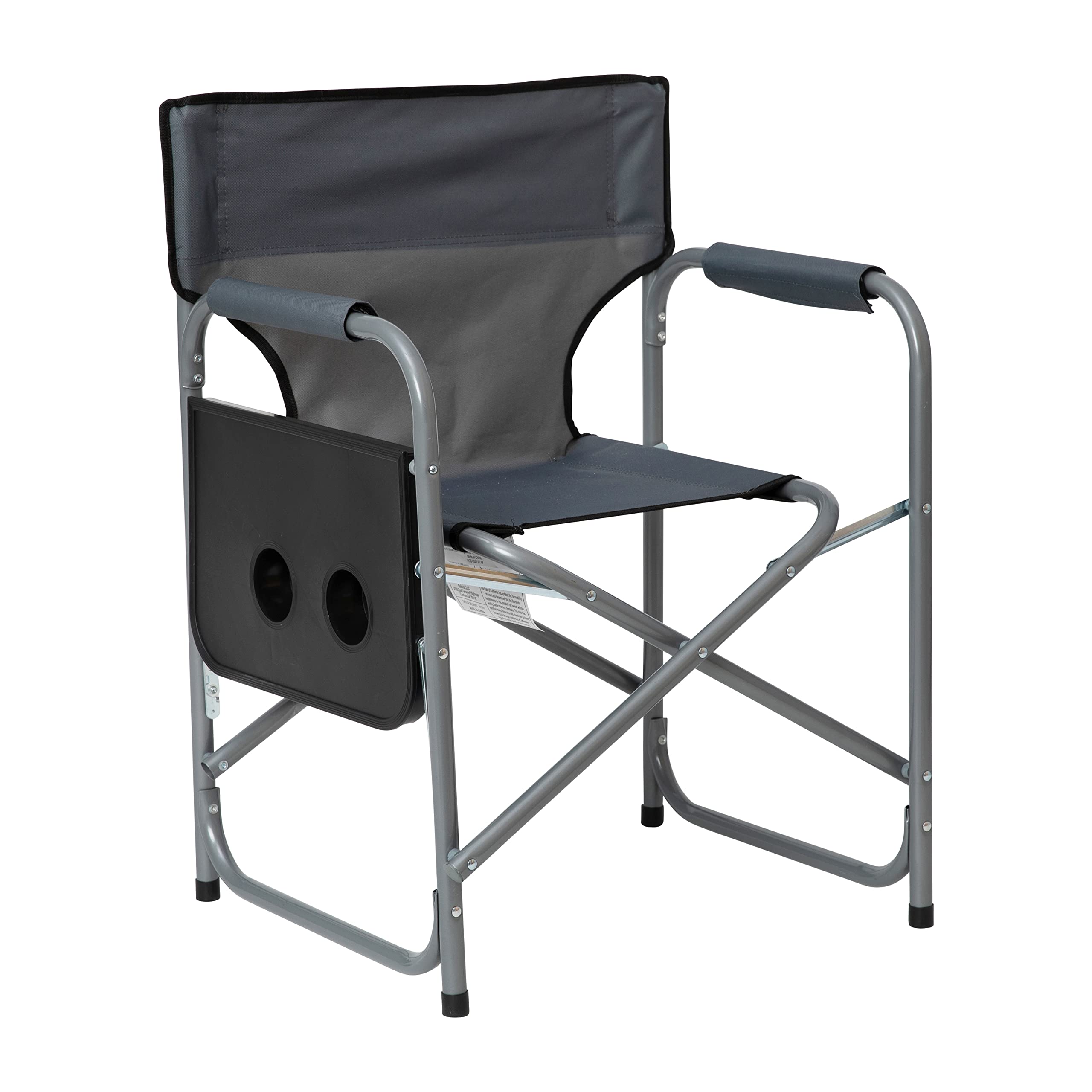 Flash Furniture Benjamin Folding Directors Camping Chair - Portable Gray Sports Chair with Cup Holder & Side Table - Steel Tube Frame for Indoor, Outdoor, Picnic, Beach, Camping & Tailgating Events