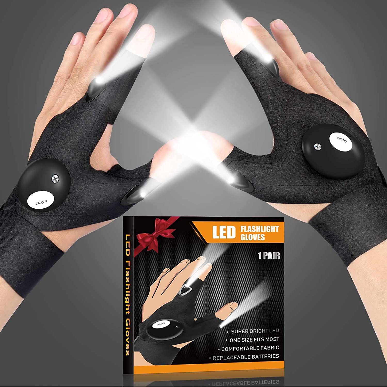 **Jasee LED Flashlight Gloves - Hands-Free Finger Lights for Night Fishing, Running, Camping & Repairs - Waterproof Cool Gadgets for Men, Dad, Husband, Boyfriend - Perfect Gift for Father's Day, Birthday & Christmas**