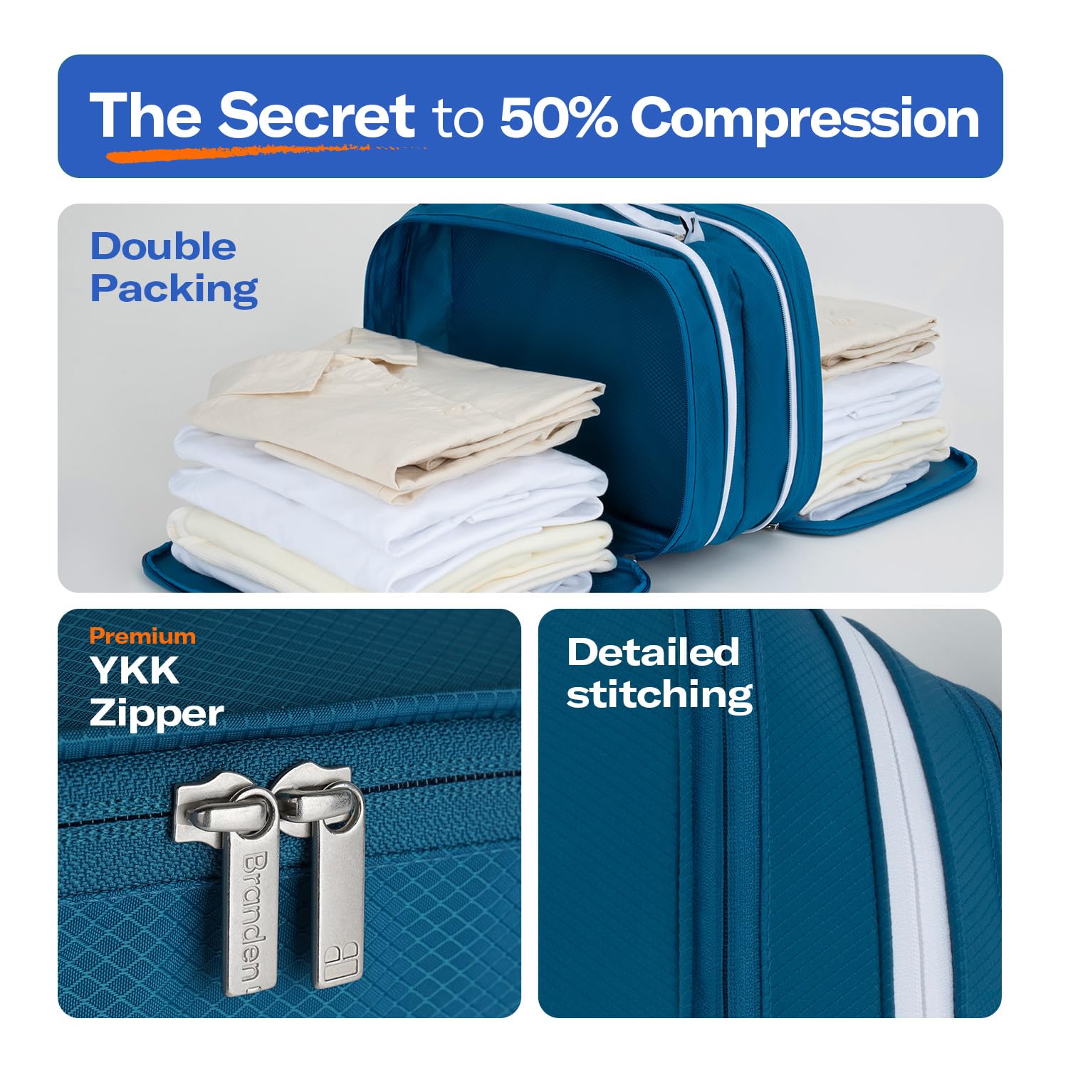 Branden Large Blue Compression Packing Cube | Travel Luggage Organizer with Self-Compression | Perfect for Overnight Trips, Road Trips, Beach Vacations & Cruises | Space-Saving Travel Essential for Suitcases & Backpacks