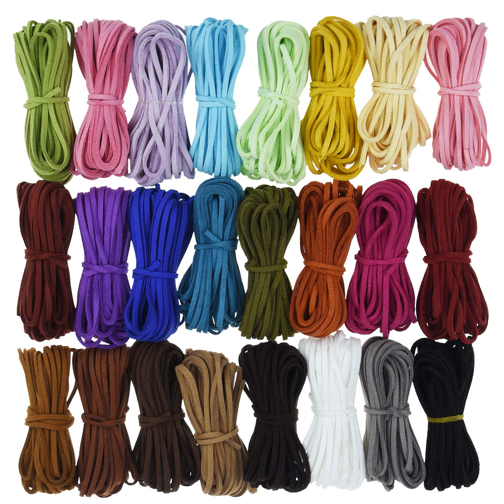 Lystaii 130 Yards 24 Bundles Suede Leather Cord - 2.6mm x 1.5mm Flat Faux Leather Lace for DIY Bracelet, Necklace, Beading & Handmade Crafts | Perfect for Jewelry Making, Macrame, Scrapbooking & Home Decor Projects