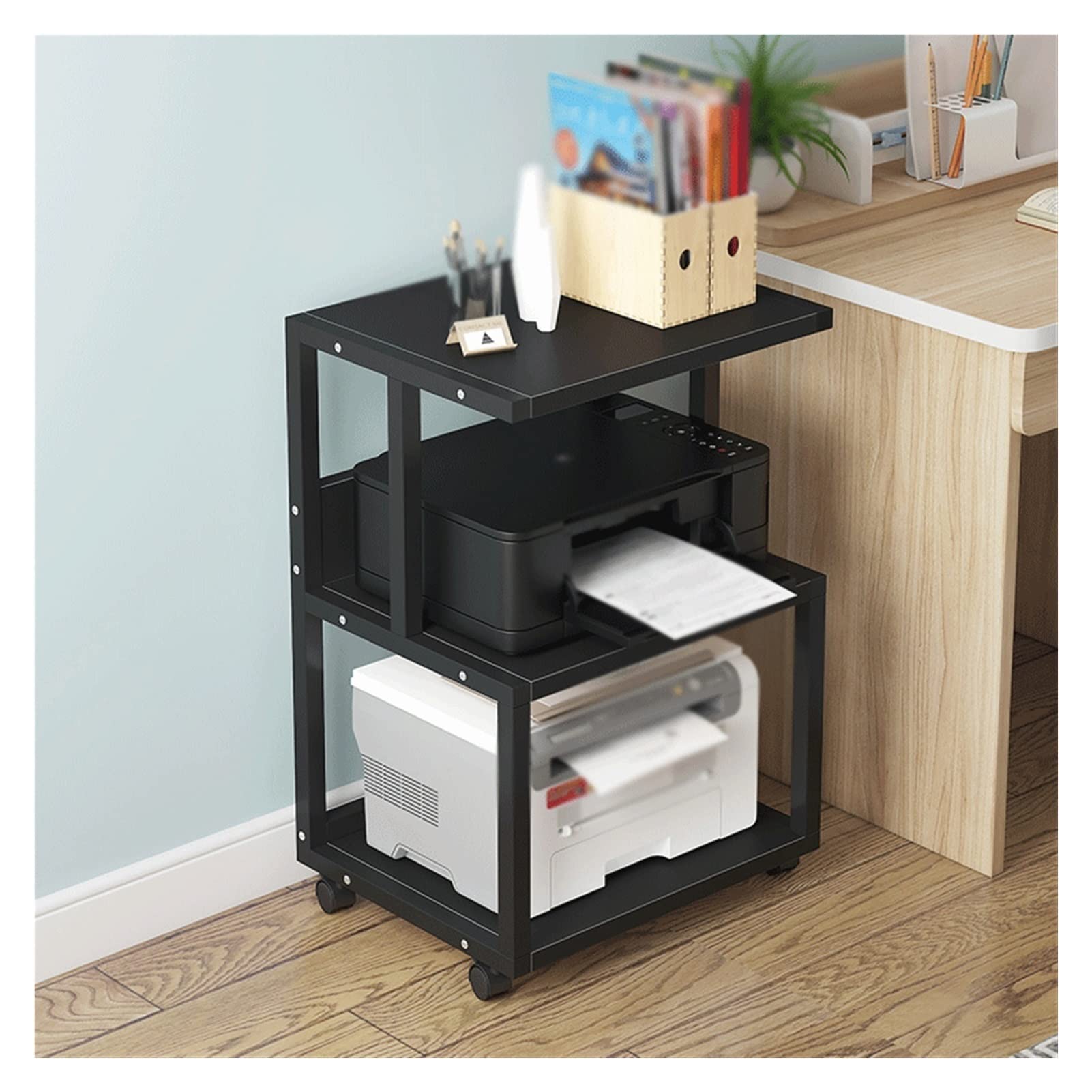 3-Tier Heavy Duty Printer Stand with Wheels - Adjustable Floor-Standing Fax Machine & Copier Organizer for Home & Office - Durable Storage Shelf for Office Supplies (Black) - Perfect for Small Spaces & Clutter-Free Workspaces