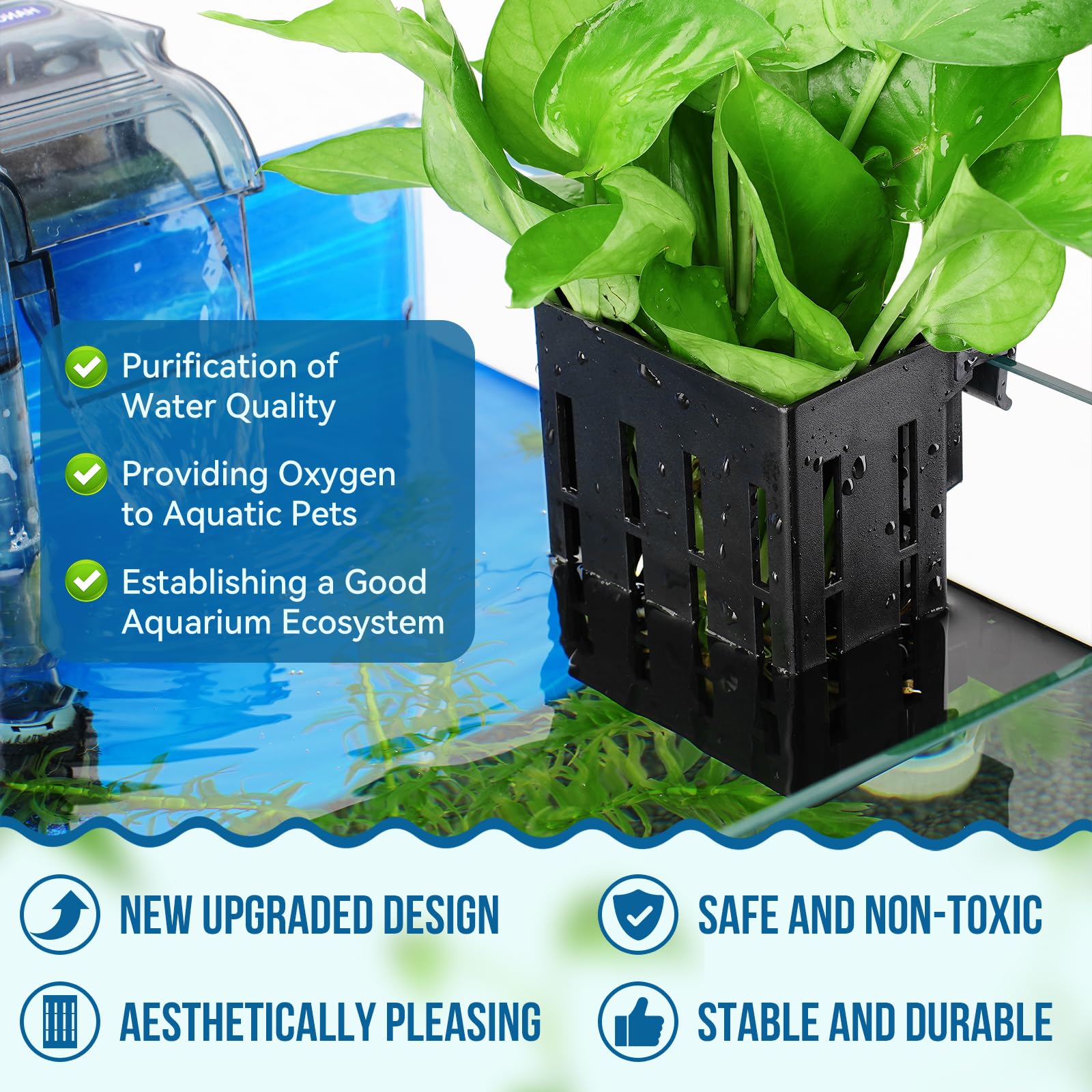 Upgraded Aquarium Plant Holder with Hooks & Suction Cups - Fish Tank Aquaponic Plant Cultivation & Aquascape Decorations (Black) - Perfect for Freshwater Planted Tanks, Betta Fish Habitats & Home Aquarium Decor