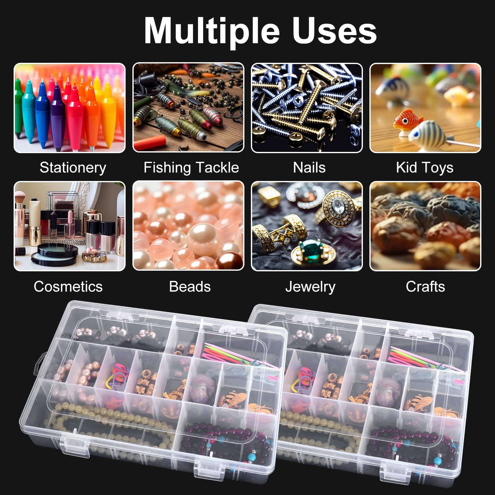 2 Pack 24 Grids Clear Plastic Storage Box with Adjustable Dividers - DIY Craft Organizer for Beads, Jewelry, Fishing Tackles - Includes 1 Sheet Label Stickers - Perfect for Home, Office & Travel Organization