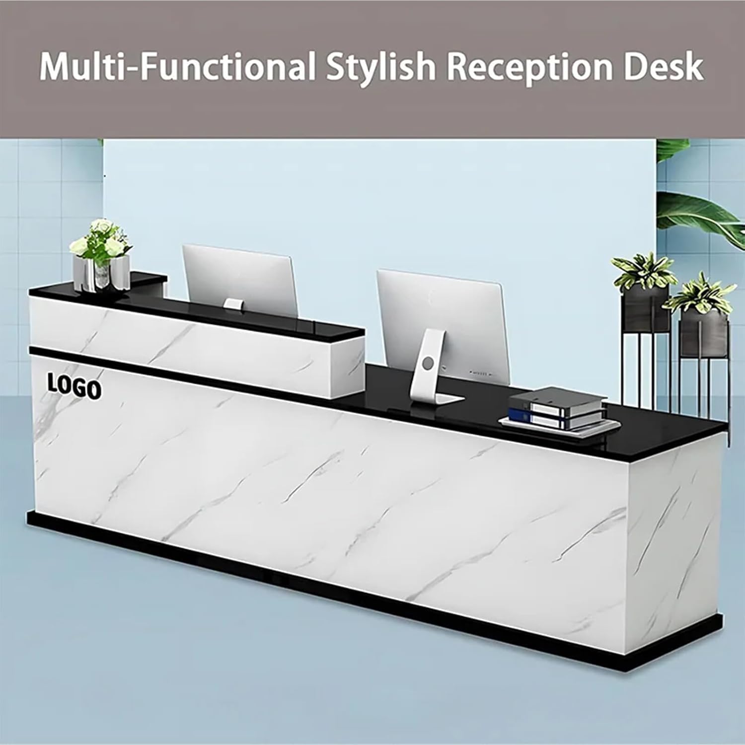 Modern Wooden Reception Desk with Lockable Storage Drawers & Keyboard Tray - 55.11