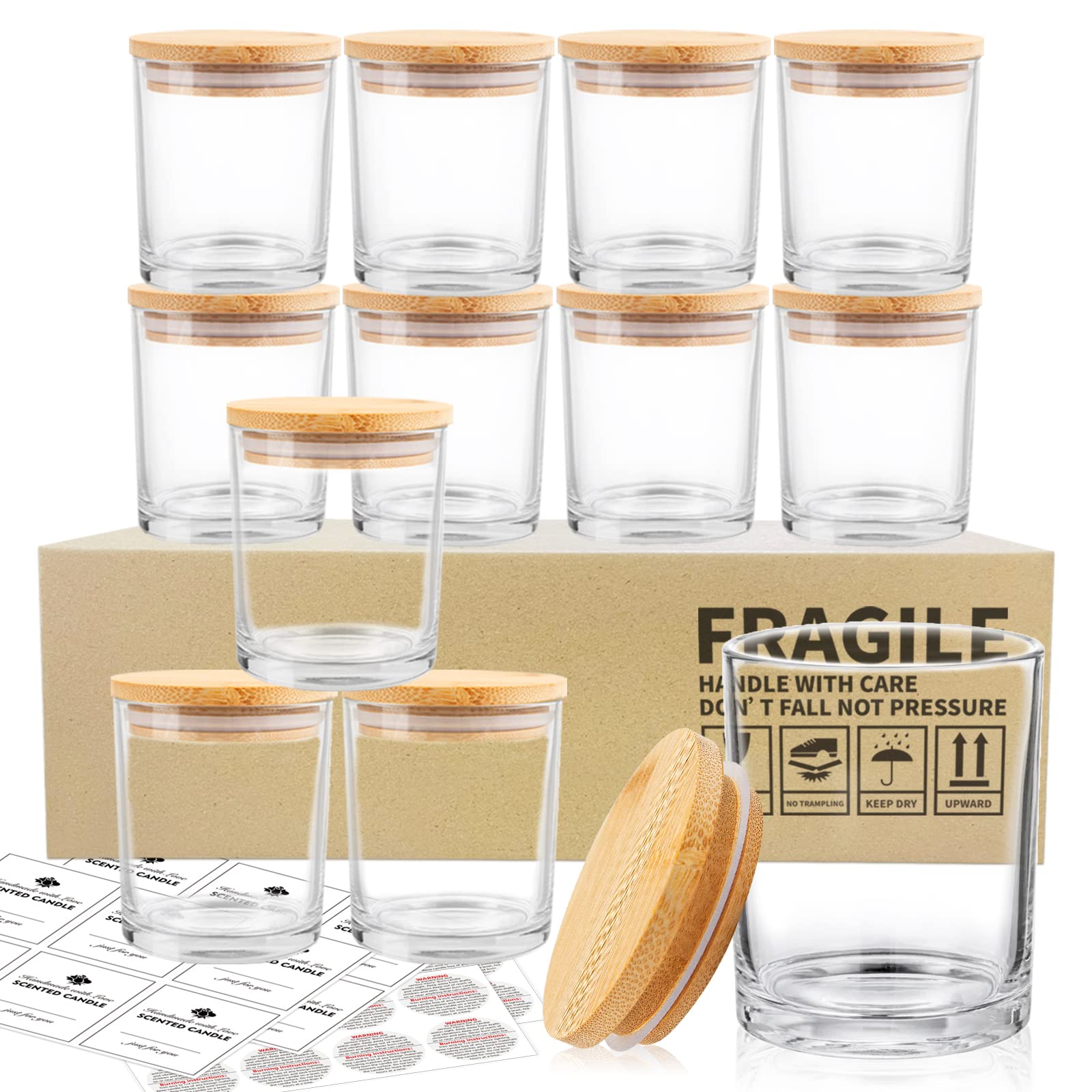 SUPMIND 12 Pack 10oz Clear Glass Candle Jars with Bamboo Lids - Empty Candle Containers for DIY Candle Making, Includes Sticky Labels - Dishwasher Safe - Perfect for Home Decor, Wedding Favors & Gift Packaging