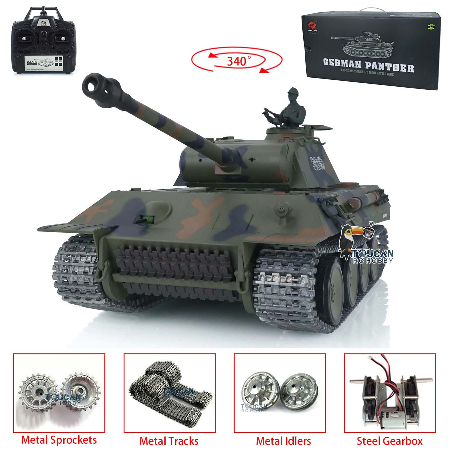 1/16 Scale Henglong 7.0 German Panther RTR RC Tank with 2.4G Radio Control, Sprocket Idler Wheels & Infrared Receiver - US Stock - Perfect for Military Enthusiasts, Collectors and Outdoor RC Battles