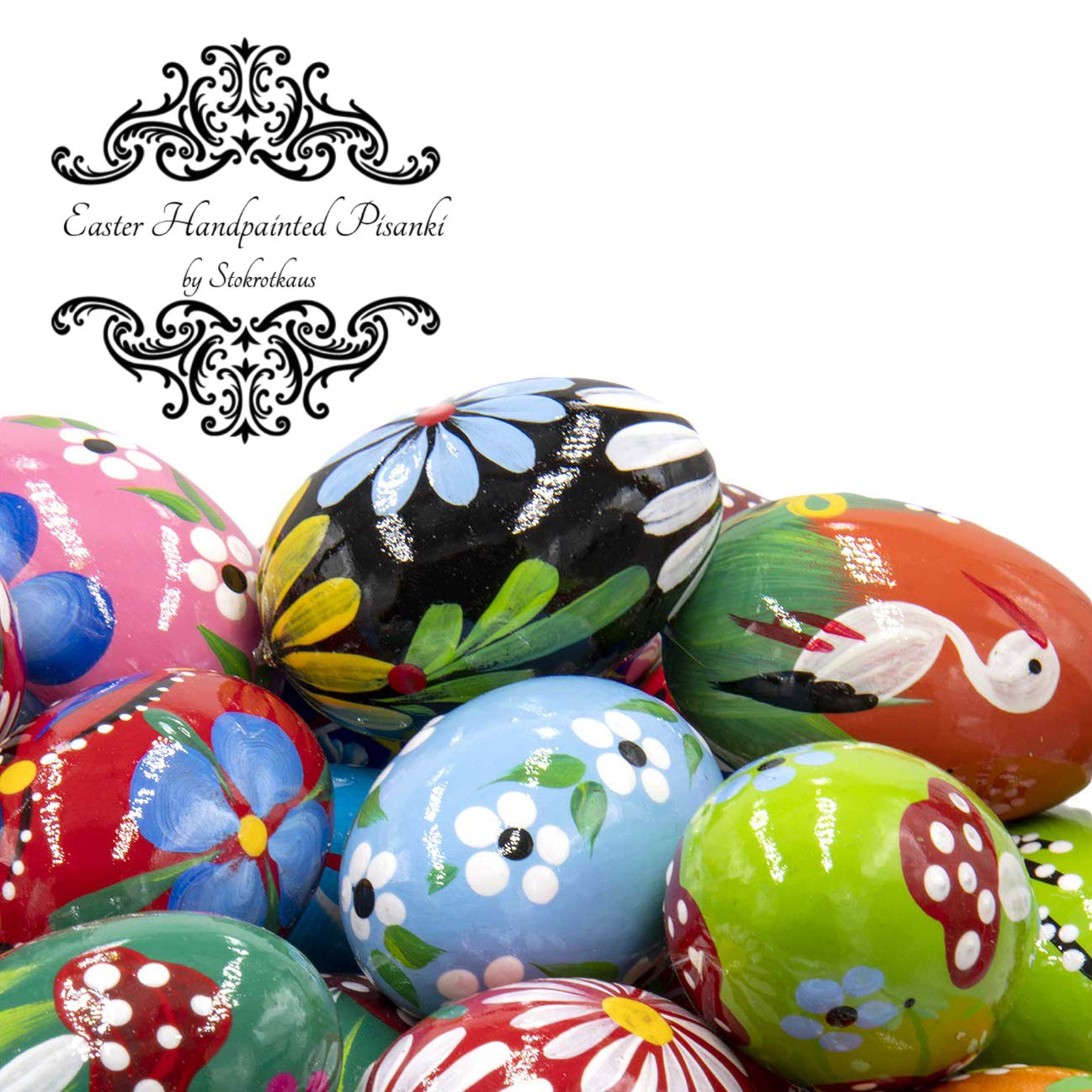 12 Hand-Painted Polish Easter Egg Decorations - Wooden Pysanky Pisanki Eggs for Easter Basket, Home Decor, and Holiday Gifting