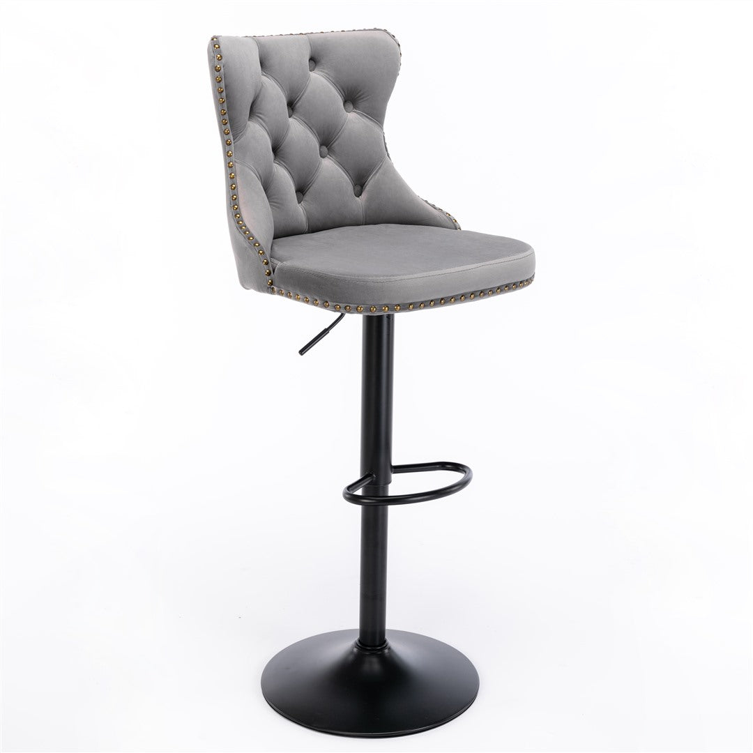 Adjustable Height Swivel Bar Stools with Footrest - Velvet Upholstered Nailhead Accent Bar Chairs for Kitchen Island, Home Bar & Dining Counter - Set of 2