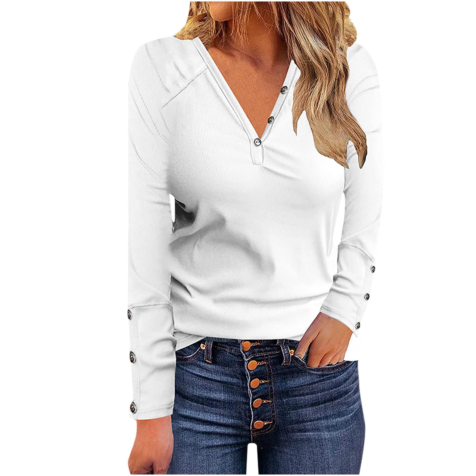 Women's Sexy V-Neck Long Sleeve T-Shirts - Loose Fit Casual Blouse for Fall Fashion | Perfect for Work, Date Night & Everyday Wear