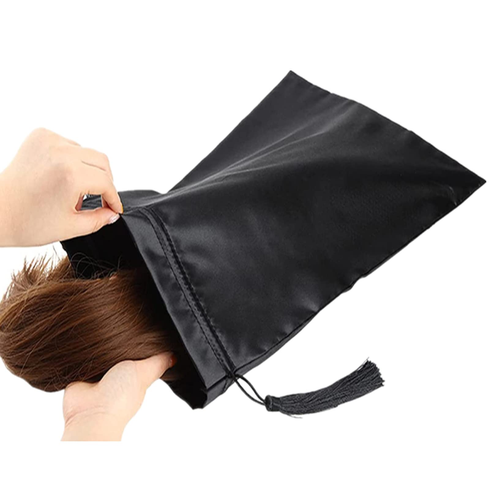10 Pieces Black Satin Wig Bags with Drawstring Tassels - Silk Hair Storage Bags for Wigs, Hair Extensions & Bundles - Perfect for Travel, Packaging & Organizing Hair Accessories