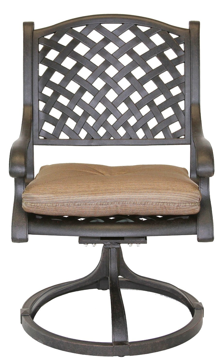 Dark Bronze Cast Aluminum Nassau Outdoor Patio 4 Swivel Rocker Dining Chairs with Walnut Cushions - Perfect for Backyard, Garden & Poolside Relaxation