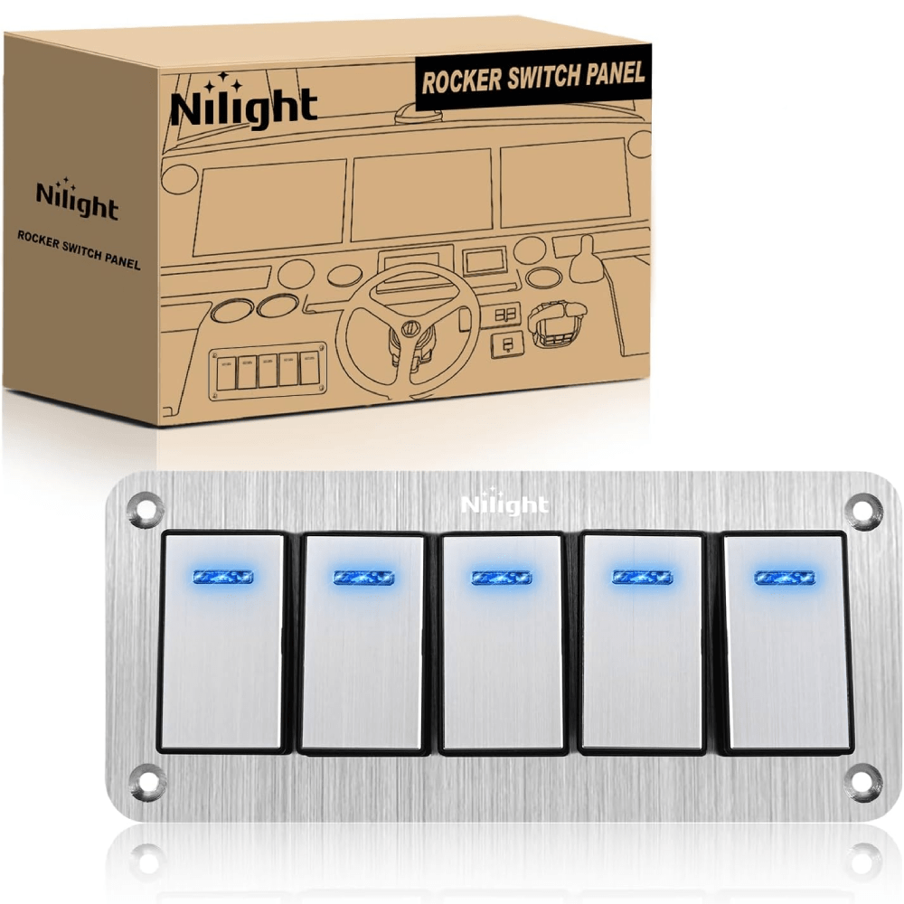 5 Gang Aluminum 3 Pin ON/Off Blue LED Rocker Switch Panel - Waterproof Marine Boat RV Dashboard Control Panel for Automotive, Marine, and Industrial Applications