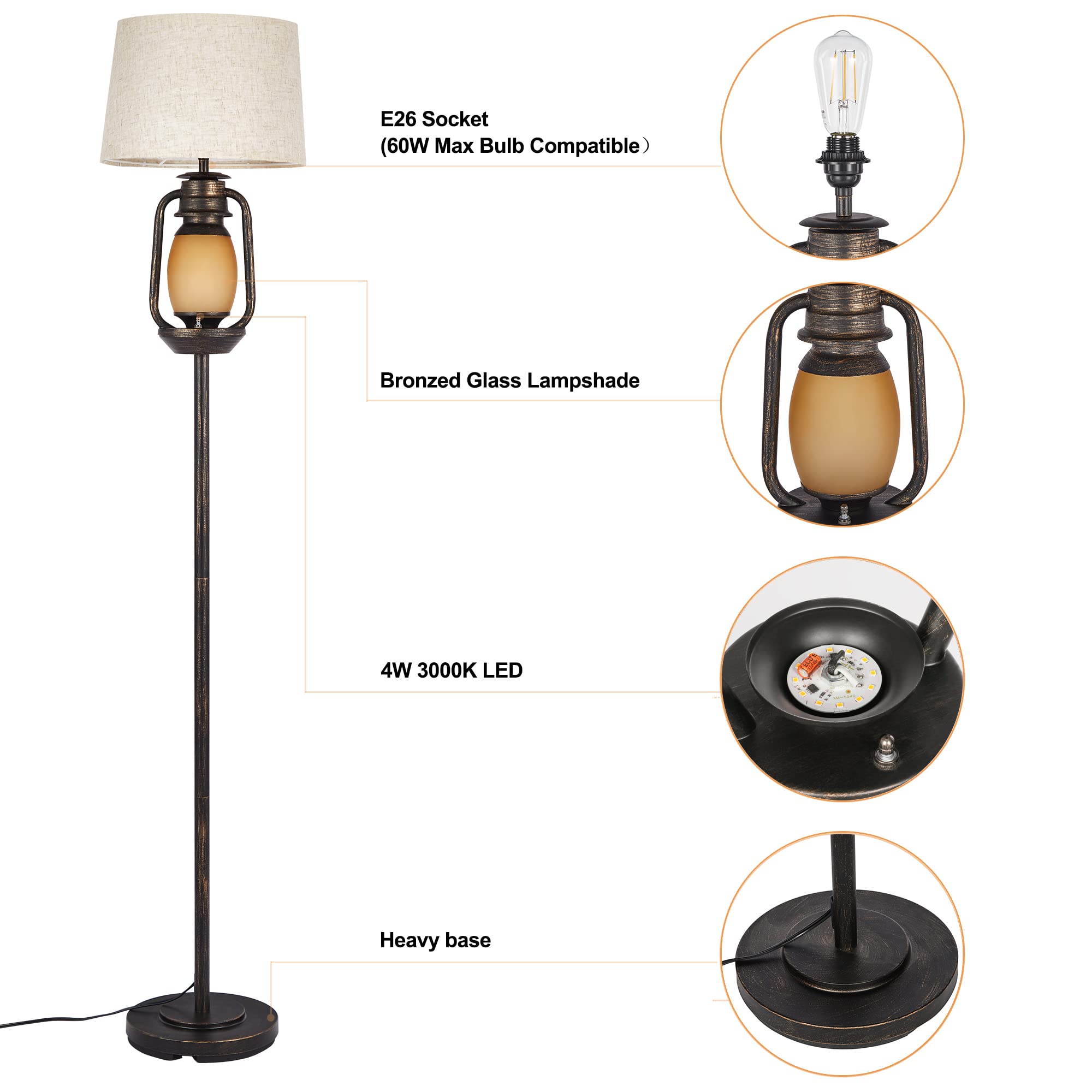 Farmhouse Floor Lamp with Night Light - Rustic Standing Lamp for Living Room & Bedroom - Beige Linen Drum Shade, Oil Rubbed Bronze Finish - Traditional Home Decor with Foot Switch - Perfect for Cozy Reading Nooks & Farmhouse Style Interiors