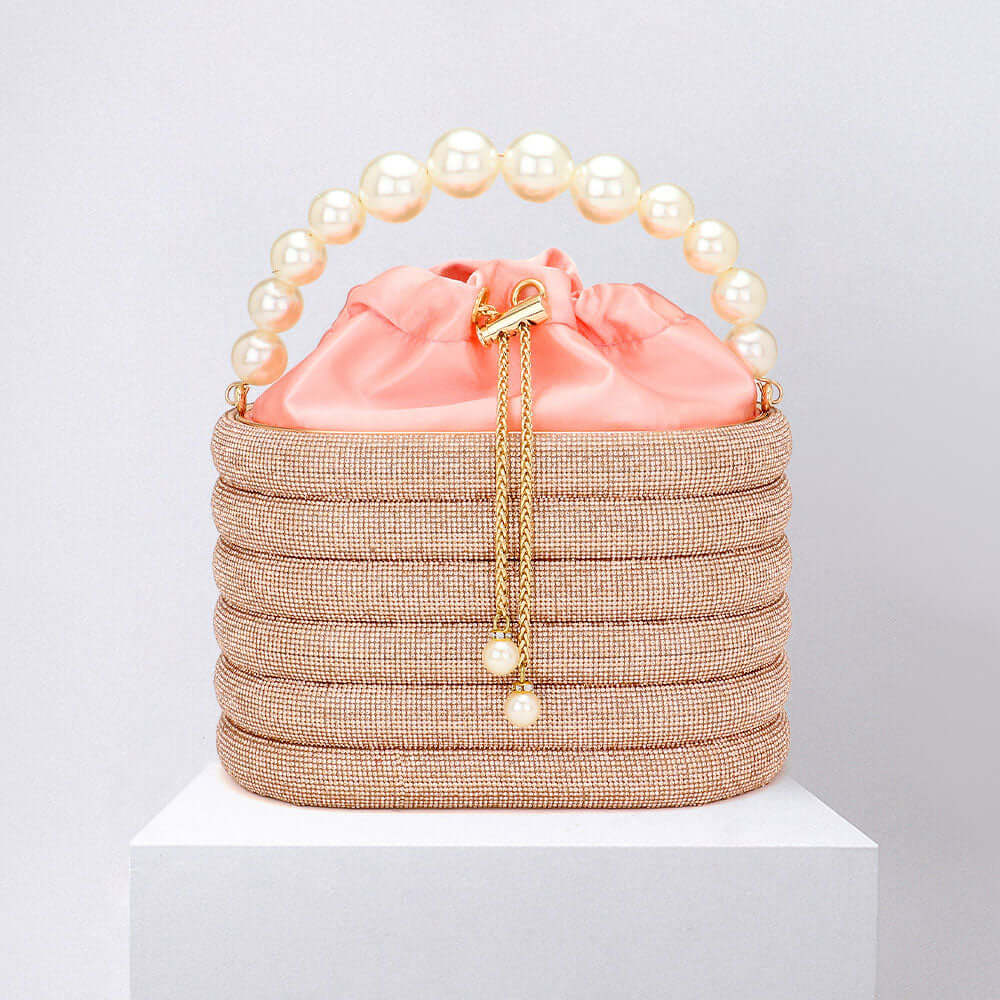 Elegant Champagne Bling Pearl Top Handle Drawstring Crossbody Bag for Women | Perfect for Parties, Weddings & Evening Events