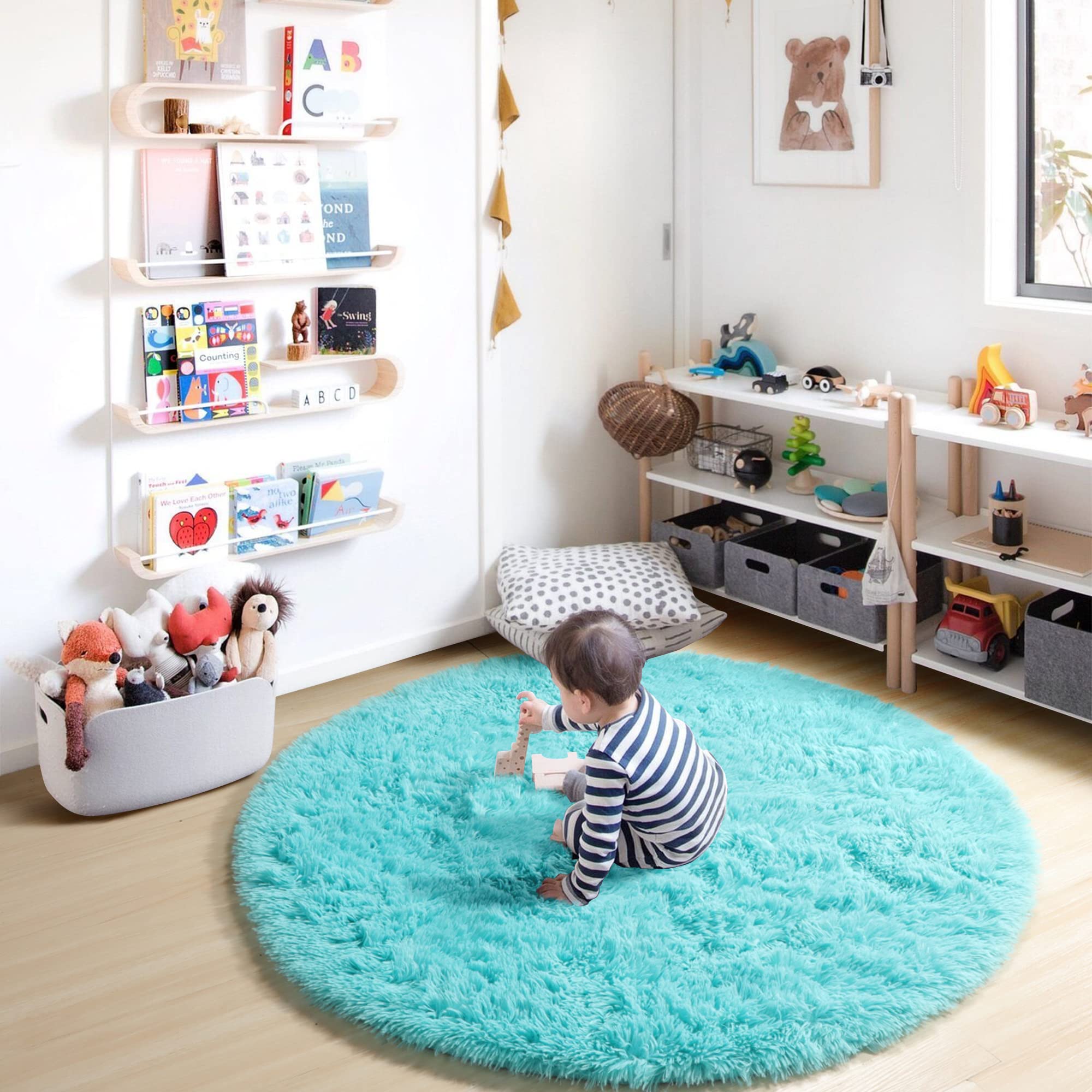 ONASAR Blue Round Area Rug 4ft - Soft Plush Circle Carpet for Bedroom, Nursery, Living Room & Playroom | Fluffy Shaggy Floor Mat for Kids, Girls, Teens & Dorm Decor | Perfect for Cozy Home, Baby Room & Play Areas