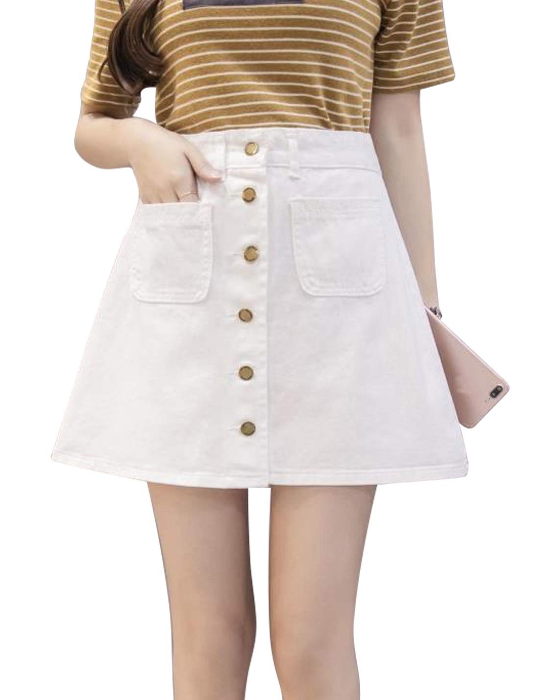 Omoone Women's High Waist Button Down Mini A-line Denim Jean Shorts Skirt - Stylish Summer Outfit for Casual Wear, Beach, and Street Fashion