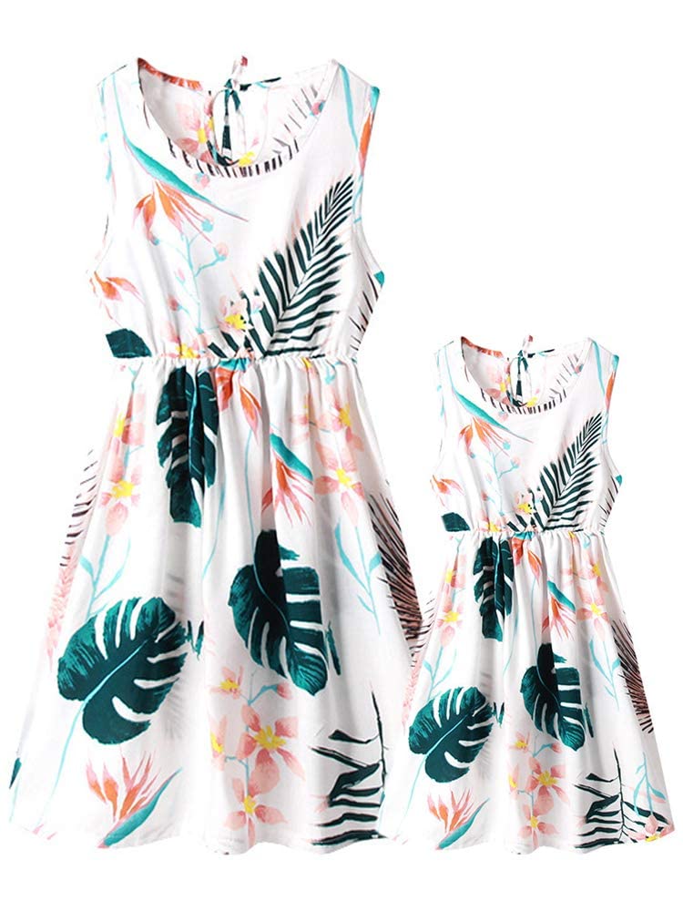 SHOOYING Mommy and Me Matching Dresses - Sleeveless Floral Printed Hawaiian Beach Midi Dress Set for Women & Girls | Perfect for Family Photos, Vacations, and Summer Outings