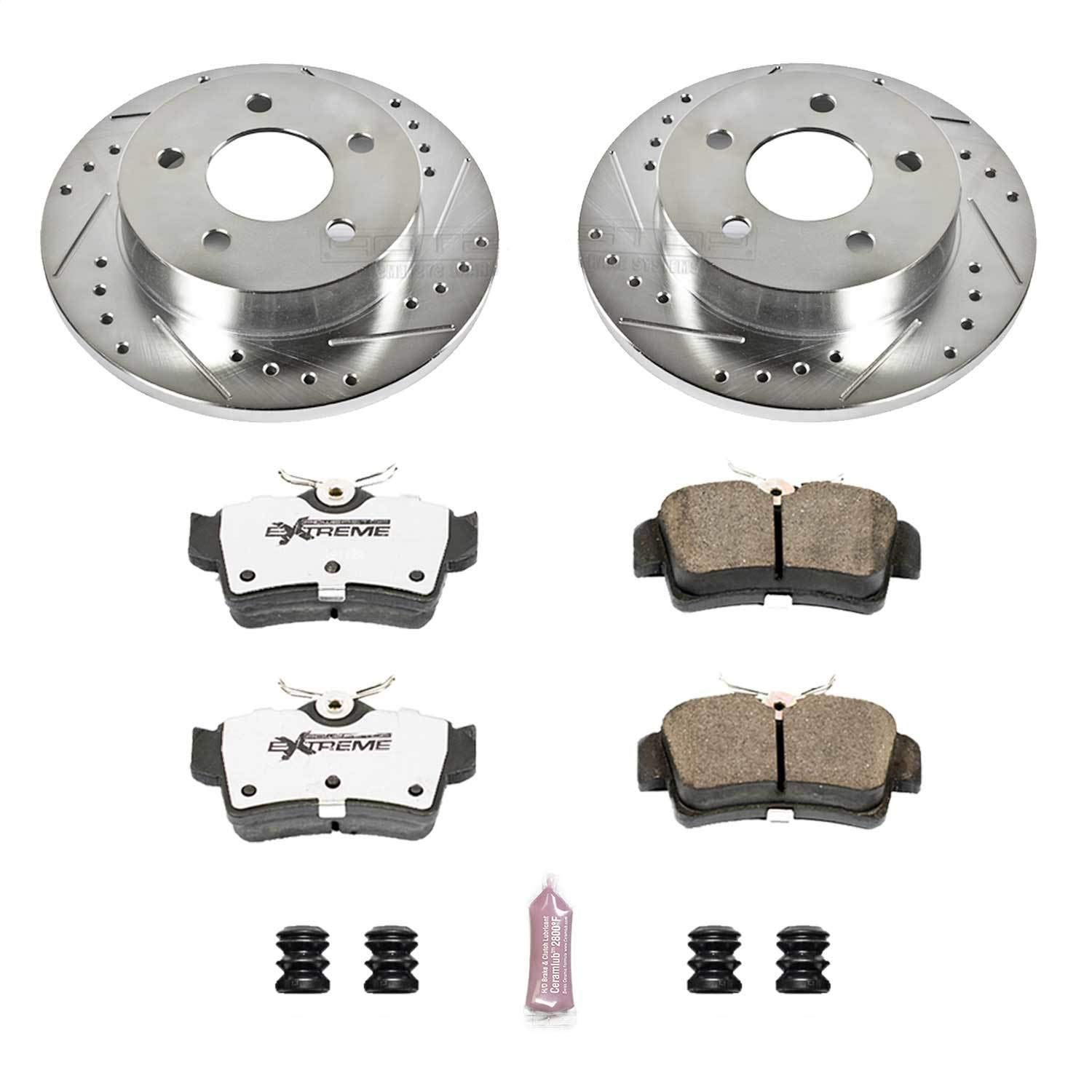 Power Stop K1303-26 Rear Z26 Carbon Fiber Brake Pads with Drilled & Slotted Brake Rotors Kit - Compatible with Ford Mustang 1994-2004 | High-Performance Braking System for Street Racing & Daily Driving