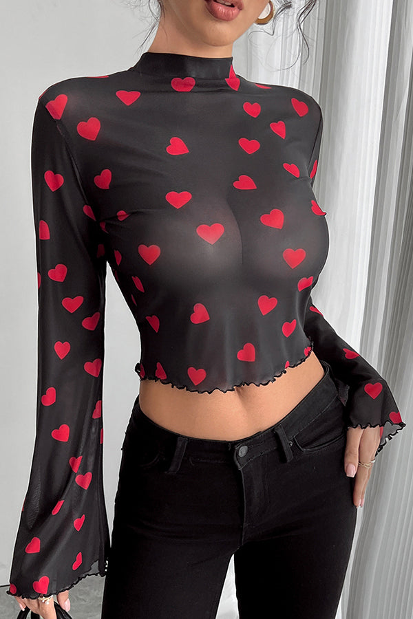 Stylish Printed Mesh Trumpet Sleeve Slim Fit Blouse for Women | Fashionable Party & Evening Wear