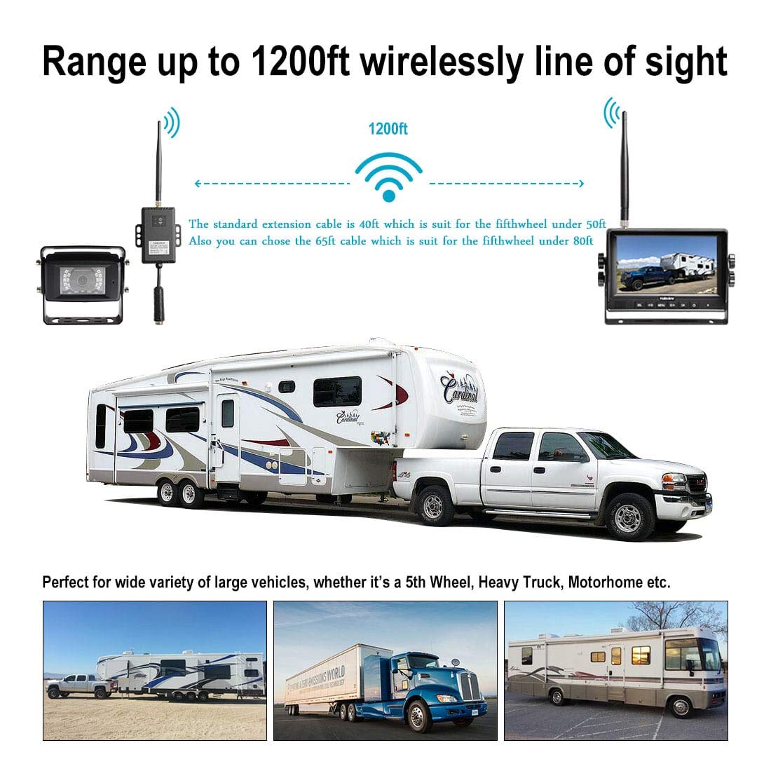 Haloview RD7 Wireless Backup Camera System - 7'' 720P HD Digital Monitor with Built-in DVR | Long Range Rear View Observation Reverse Camera for Trucks, Trailers, Buses, RVs, Pickups & Campers | Perfect for Parking, Towing & Safety Maneuvering