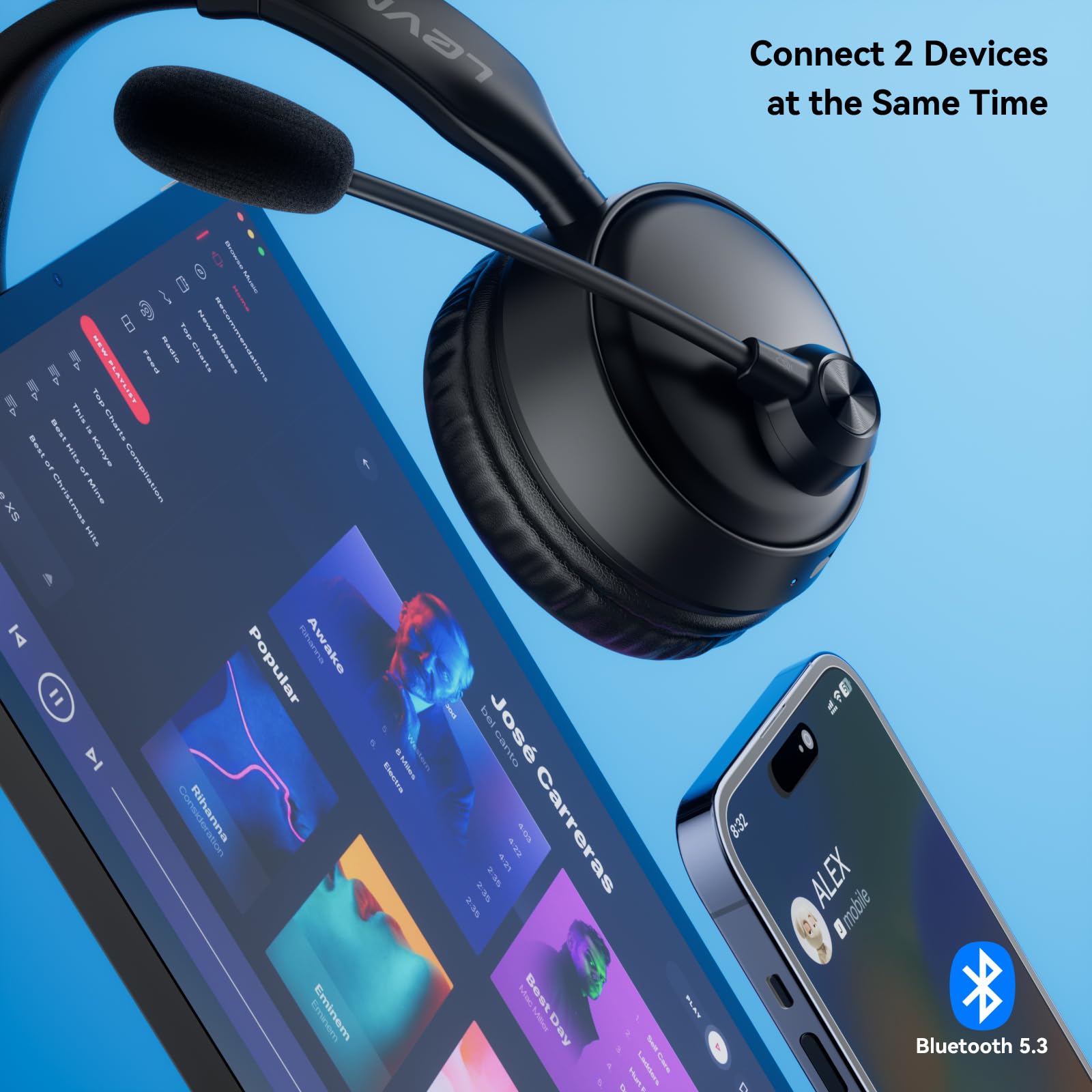 LEVN Bluetooth Headset with Microphone - Wireless Headphones with Noise Cancelling, 60H Battery Life, Multipoint Connectivity for Phone/Laptop/PC - Perfect for Office Calls, Online Meetings & Remote Work
