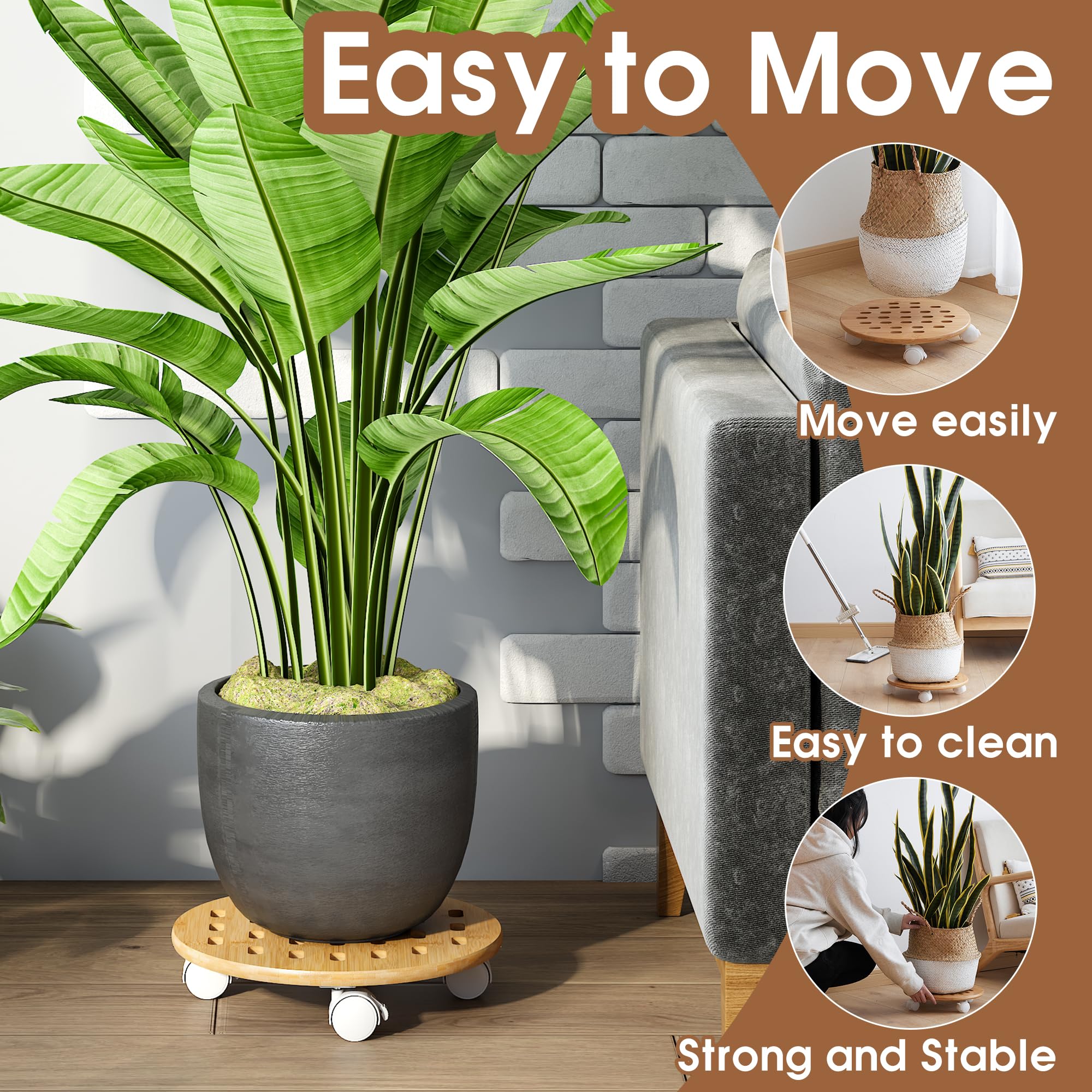 FILWH 13 Inch Bamboo Plant Caddy with 360° Lockable Wheels - 2 Pack Indoor/Outdoor Plant Stand with Pulley System - Natural Corner Display Shelf for Home Decor, Garden, Office & Patio